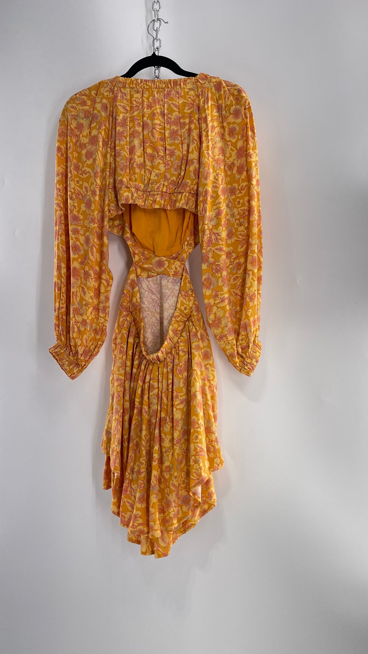 Free People Yellow Cut Out Golden Florals Dress with Ruched Bust and Balloon Sleeves (Small)