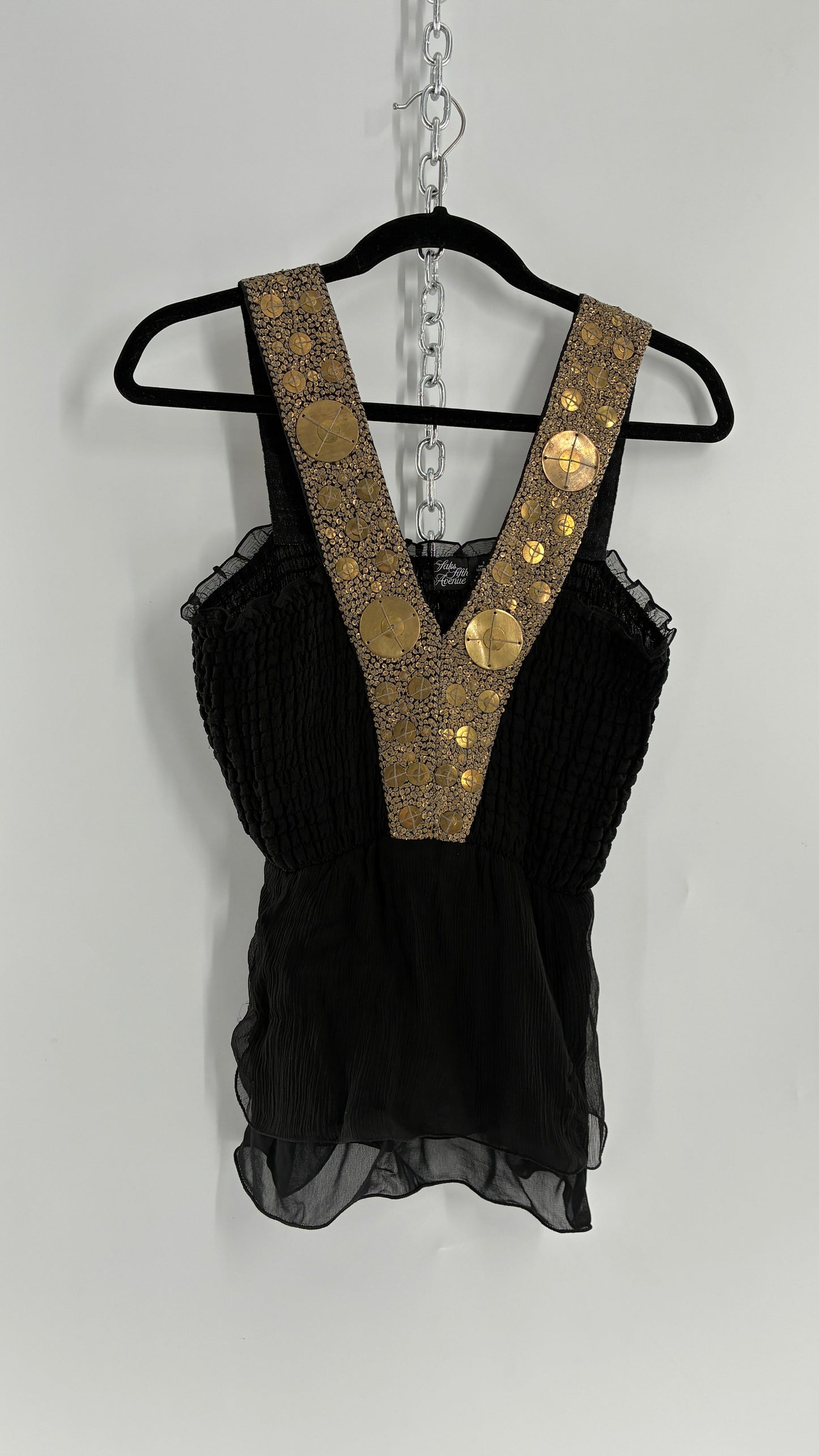 Vintage SAKS FIFTH AVENUE Black 100% Silk Camisole with Heavily Beaded Bronze Appliqué Strap (Small)
