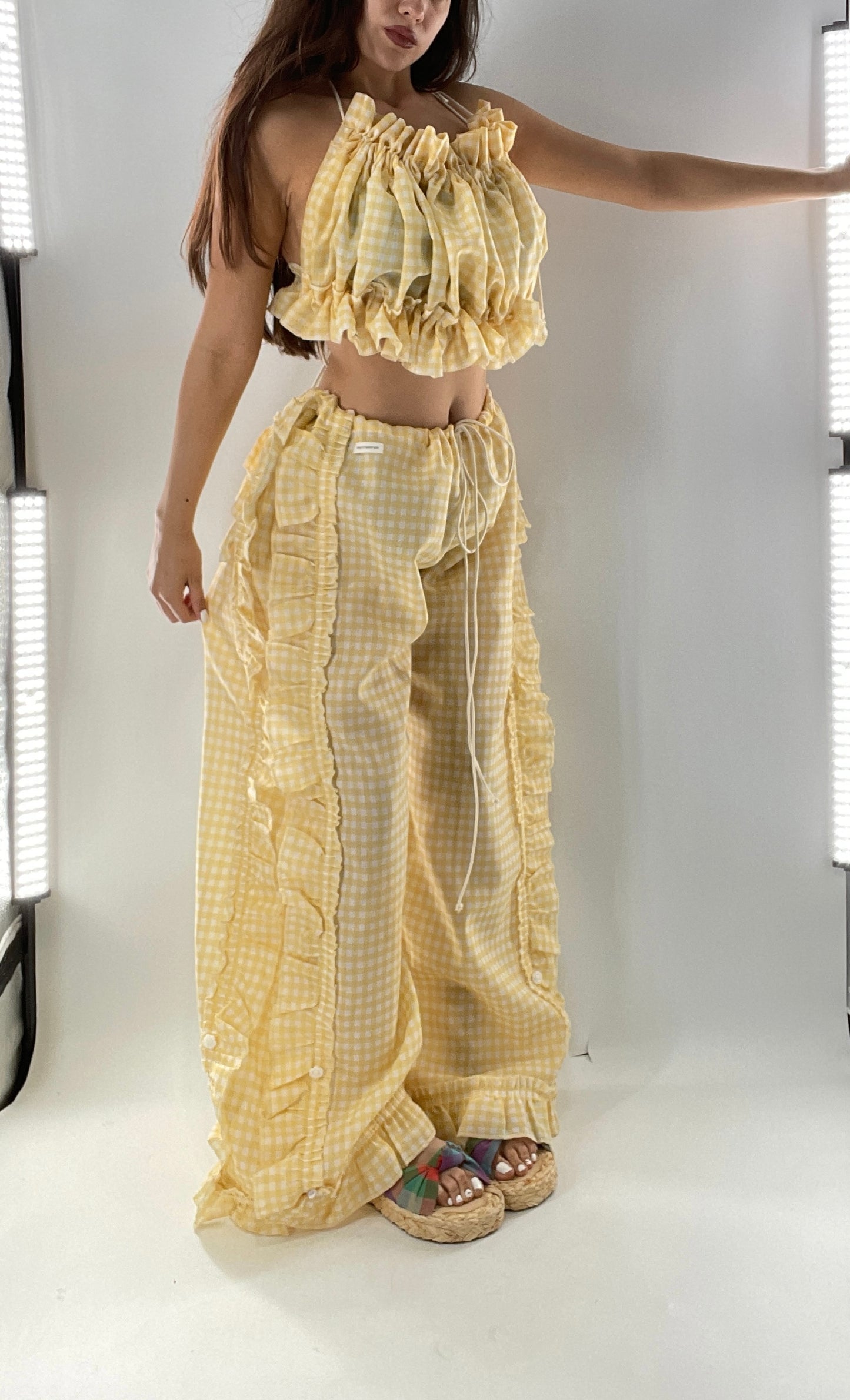 Vintage 2 Piece Yellow Checkered/Gingham Patterned Picnic Set with Ruched Bust Top and Ruffle Side Wide Legs with Adjustable Length, Strap Up Buttons on Hem (One Size)