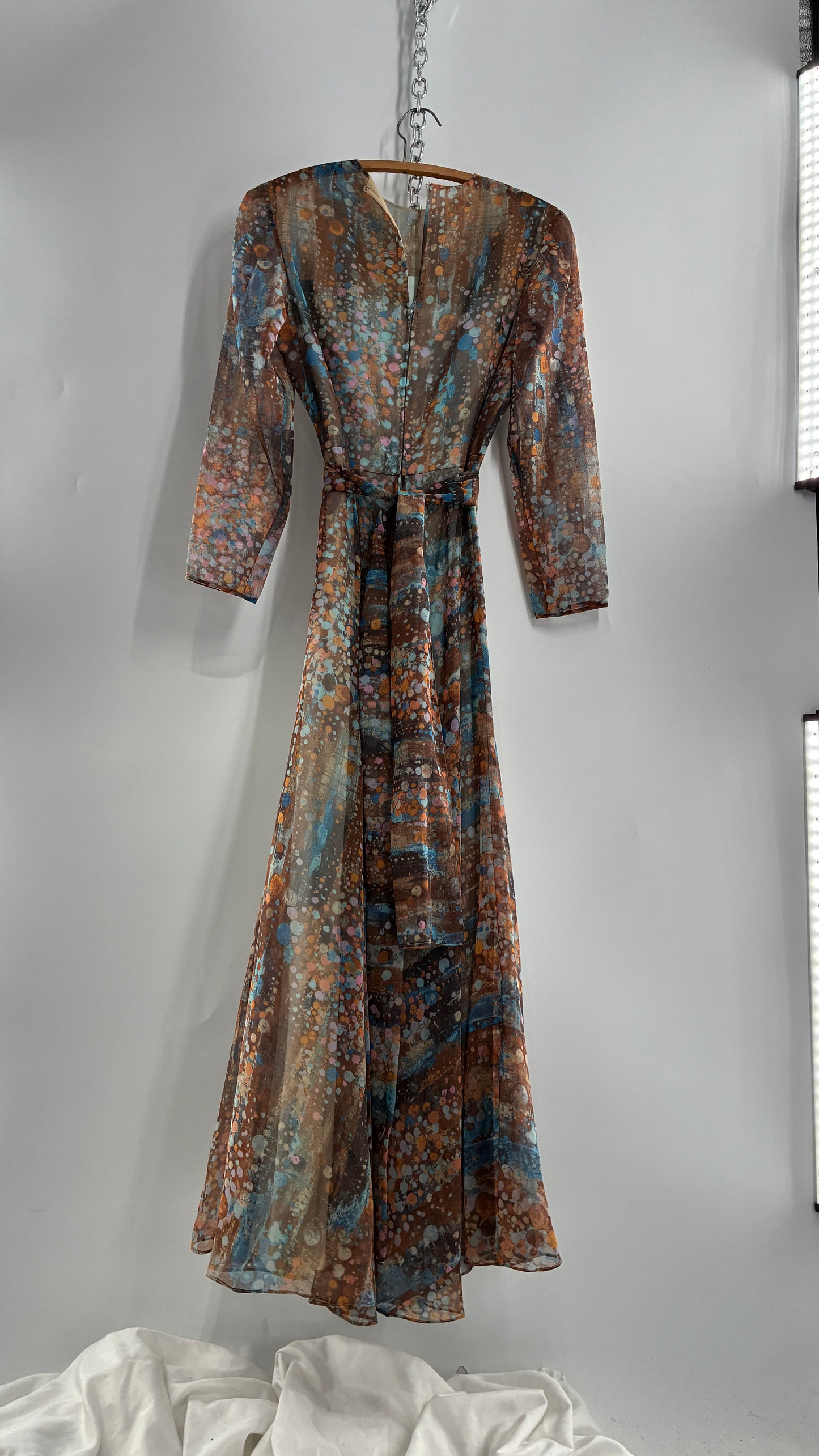 Vintage 1970s HELEN BASS Brown, Orange, Blue Voluminous Maxi Dress (S)
