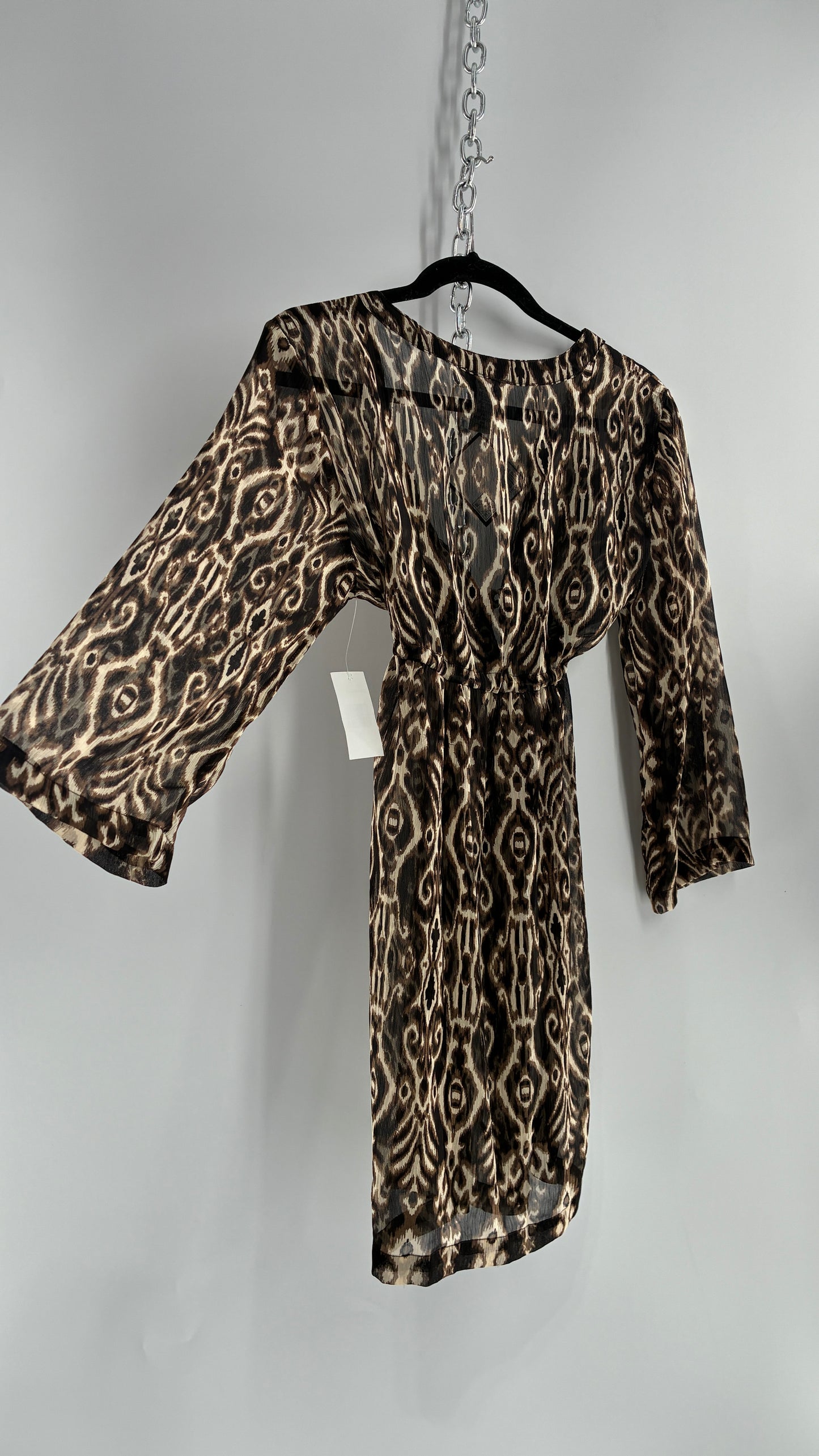 Deadstock Vintage BALI CLUB Animal Print Sheer Mini Dress Blouse with Underbust Cinching and Bronze Studs (Small)