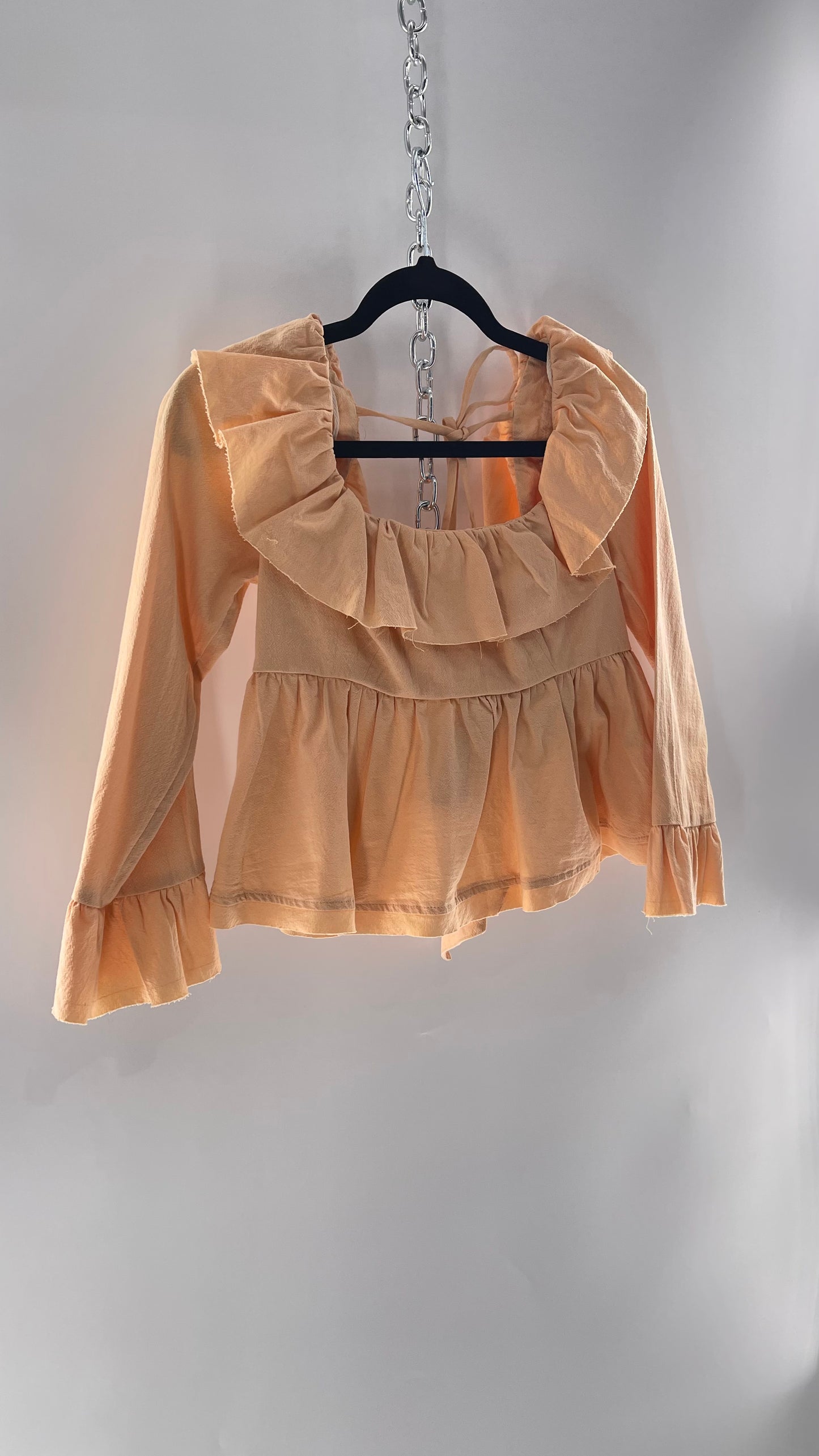 Free People Pumpkin Light Orange Backless Bow Back Cropped Blouse with Ruffle Sleeve and Neckline (XS)