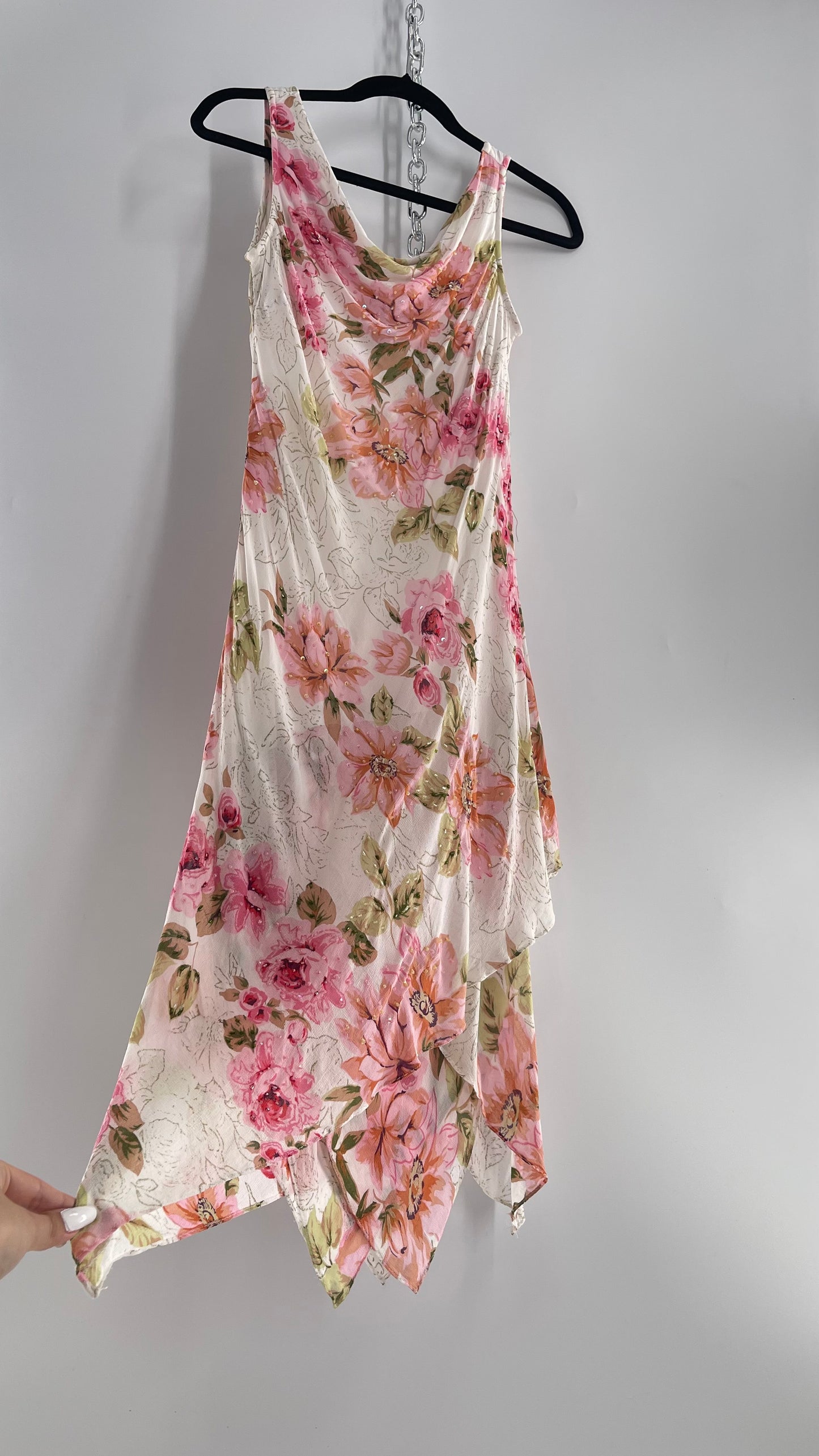 Vintage Eva Blue Pink Floral Draped Neck Sleeveless MIDI with Beading (10)