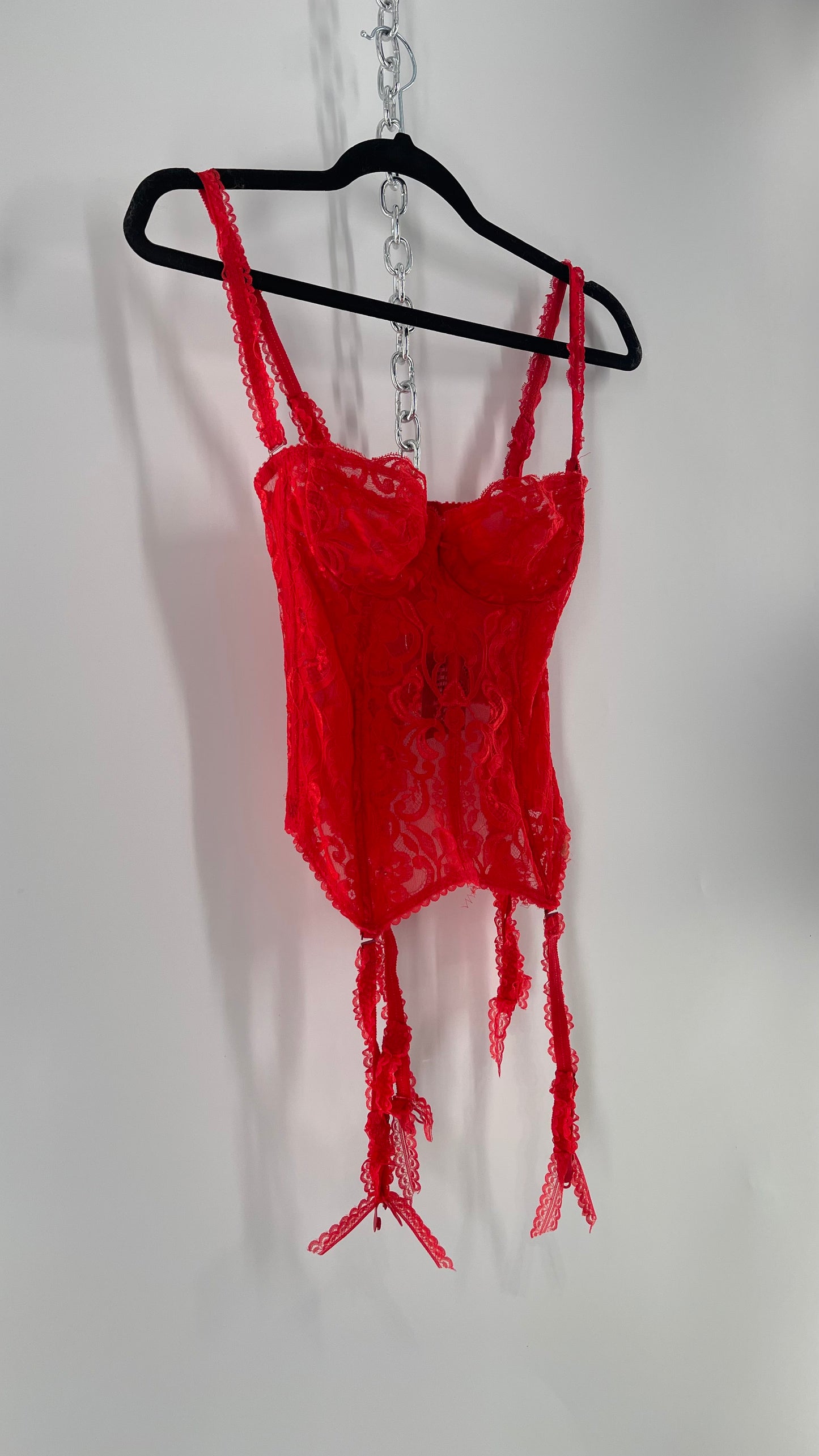 90s Vintage Red Lace Corset with Ruffled Sleeves and Removable Garter Straps (32B)