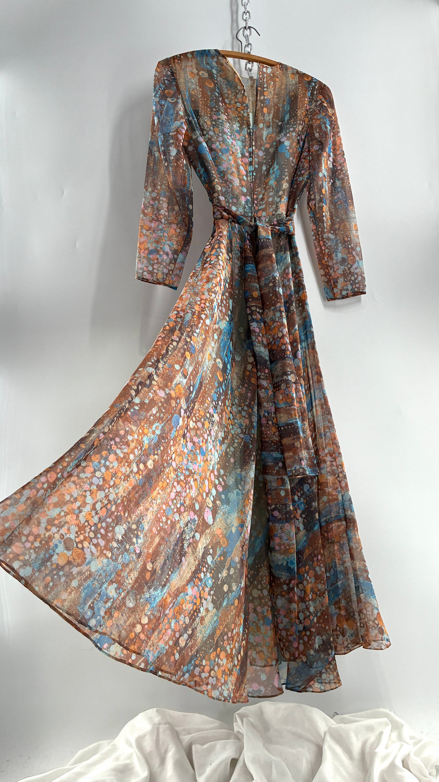 Vintage 1970s HELEN BASS Brown, Orange, Blue Voluminous Maxi Dress (S)