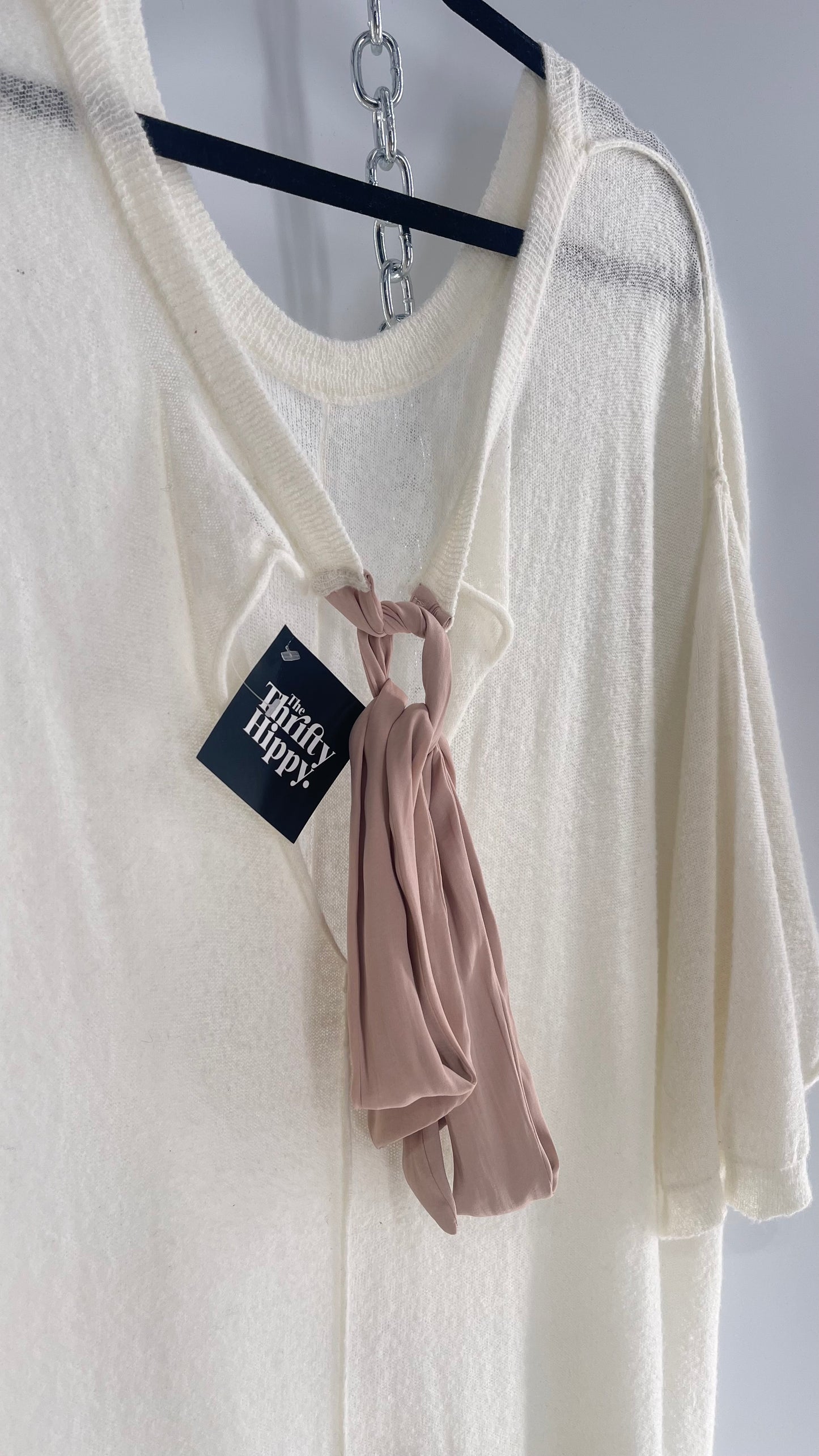 Free People Off White Thin Knit Cozy Sweater Dress with Open Back and Dusty Rose Ribbon (L)
