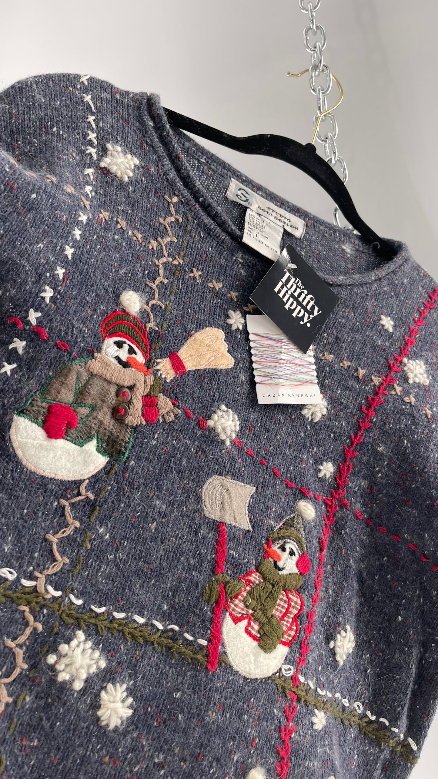 Vintage Urban Outfitters Christmas/Holiday Sweater with Festive Snowmen Snowflakes, and Contrast Stitch Detail (S)