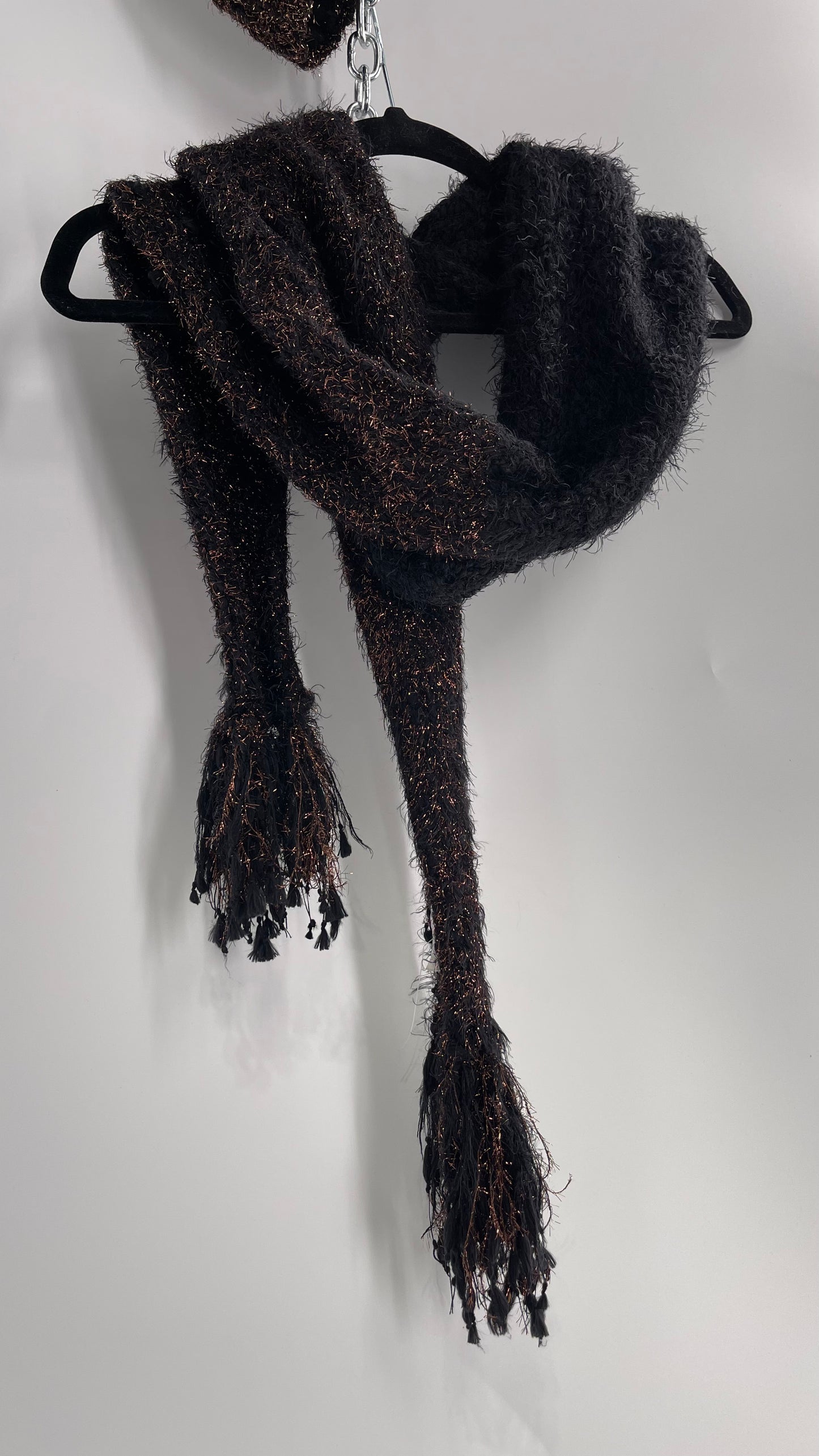 Anthropologie Bronze Tinsel Black Knit Beanie and Skinny Pom Scarf 2pc Set with Tags Attached