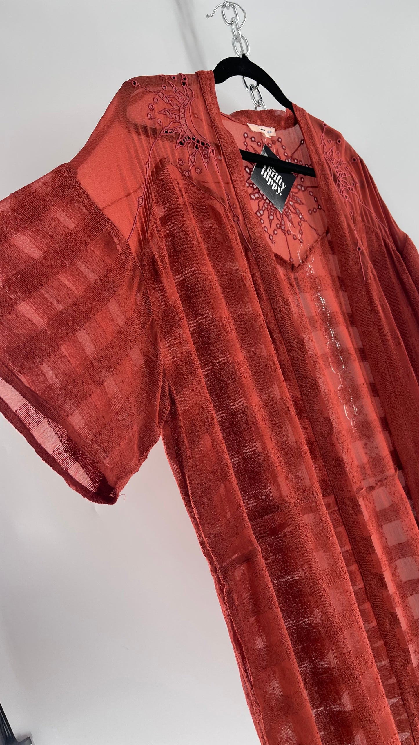 NFO Anthropologie Burnt Orange Cape With Embroidered Solstice Sun and Crescent Moon Designs (One Size)