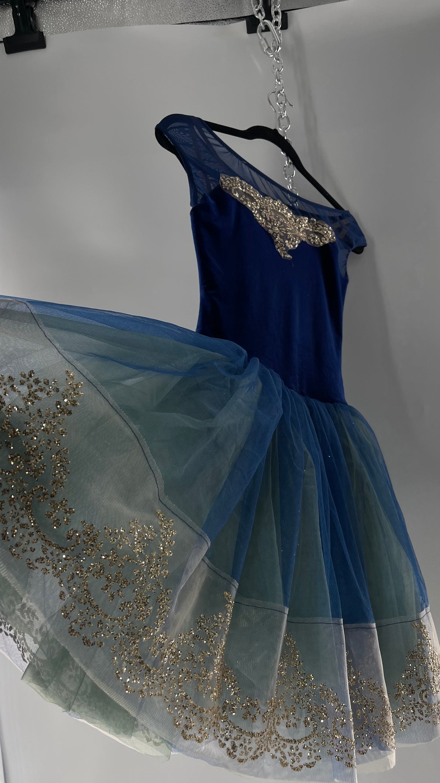 Midnight Muse Navy and Teal Mesh Tutu Skirt with Gold Glitter Hem Detailing (Medium)