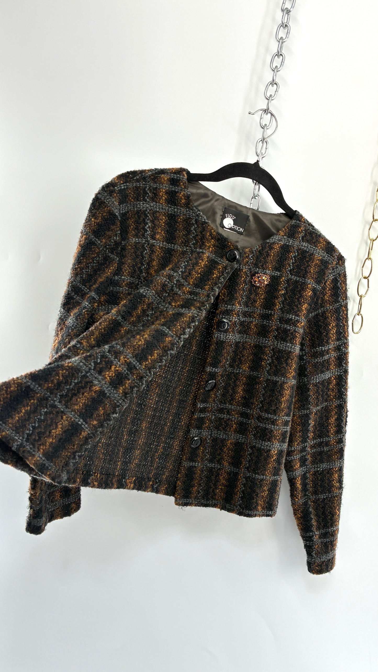 Vintage FIRST OPTION Plaid Knit Cardigan Jacket with Jewel Broche (Small)