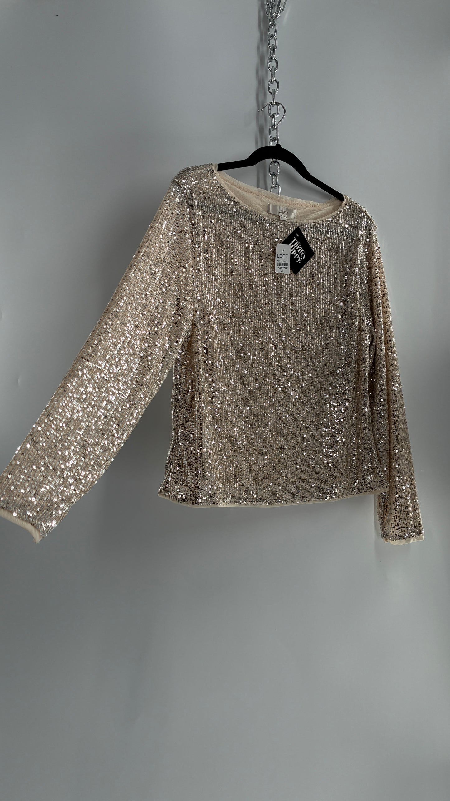 LOFT LOFT Champagne Sequin Long Sleeve Blouse with Tags Attached (XL)