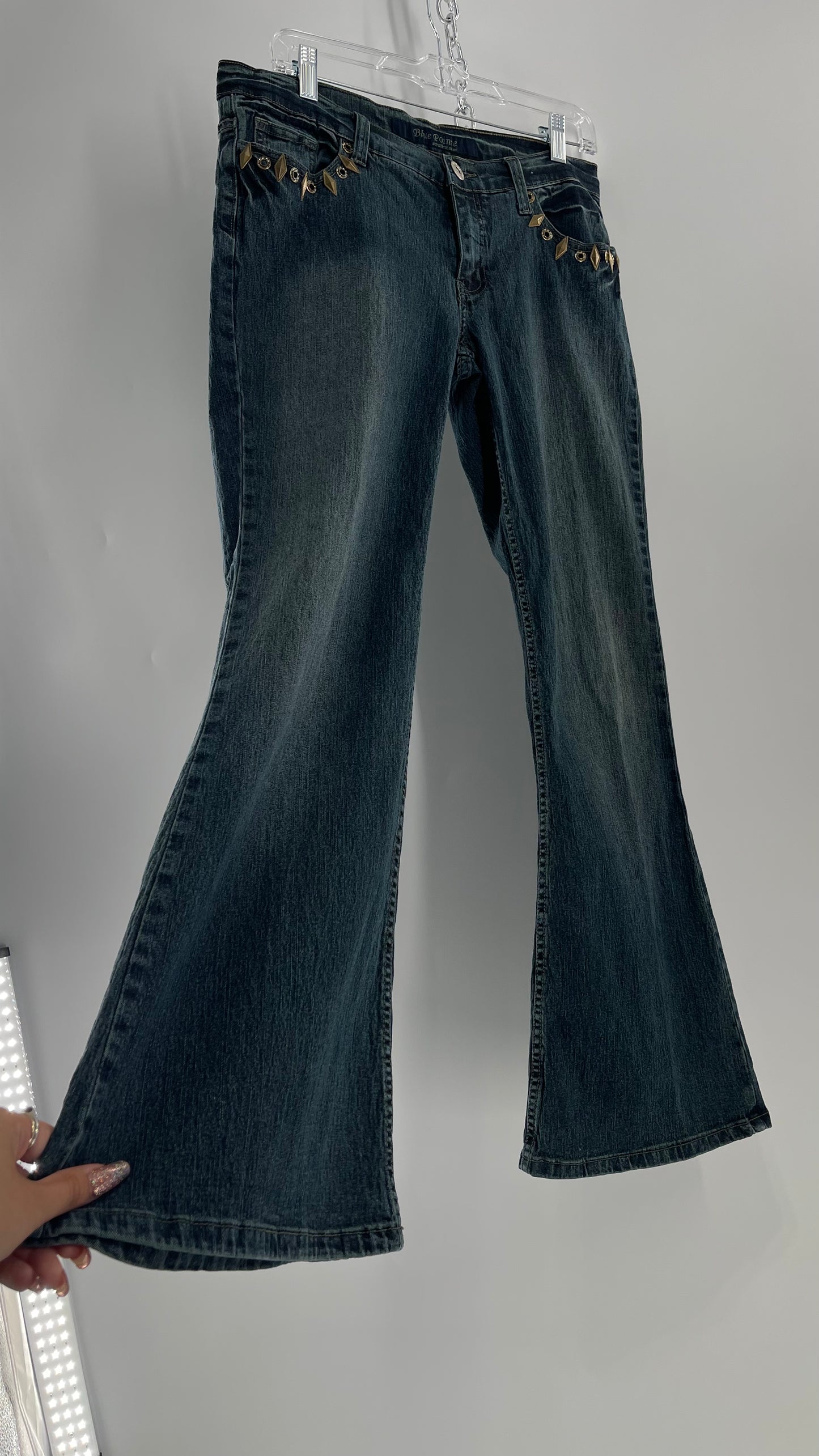 Vintage Blue Pointe Kickflare Medium Wash Jeans with Gold Rhinestone Metal Jewels (13)