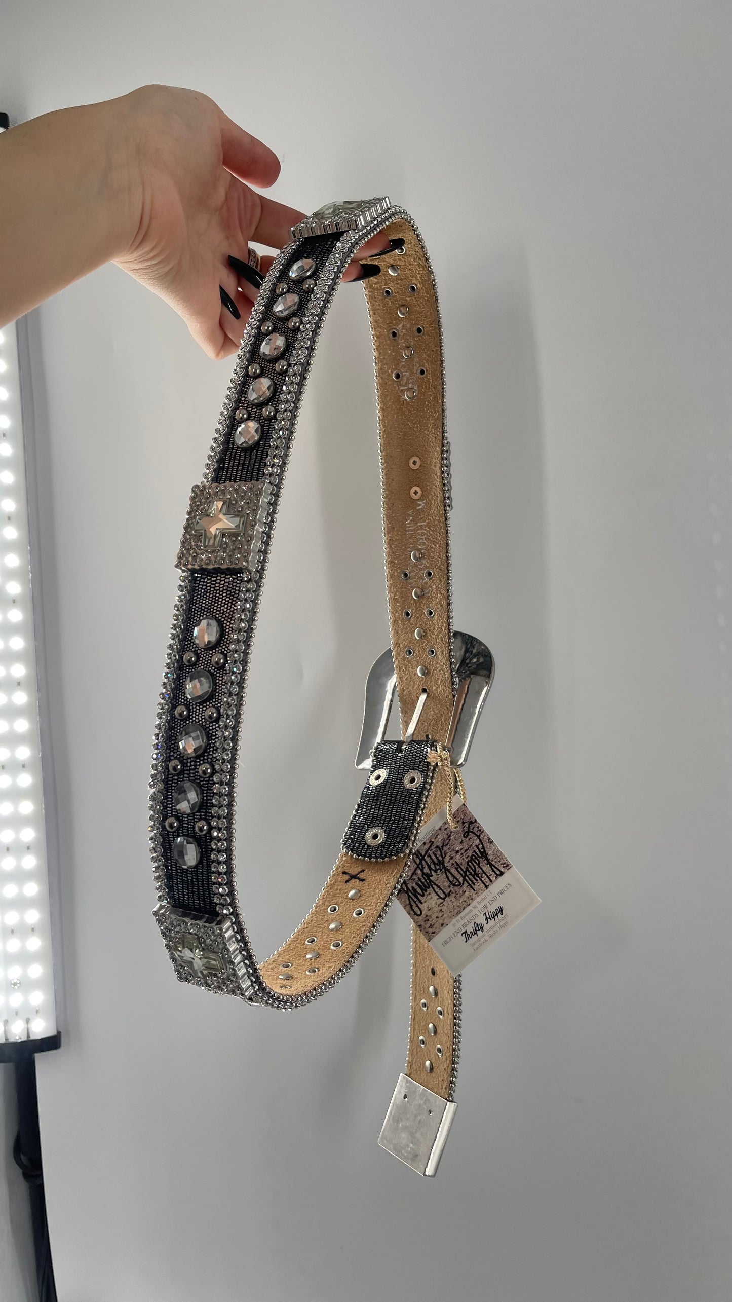 Free People Dark Silver Metallic Snake Print Belt covered in Crystal Embellishments and Heavy Metal Crosses (M)