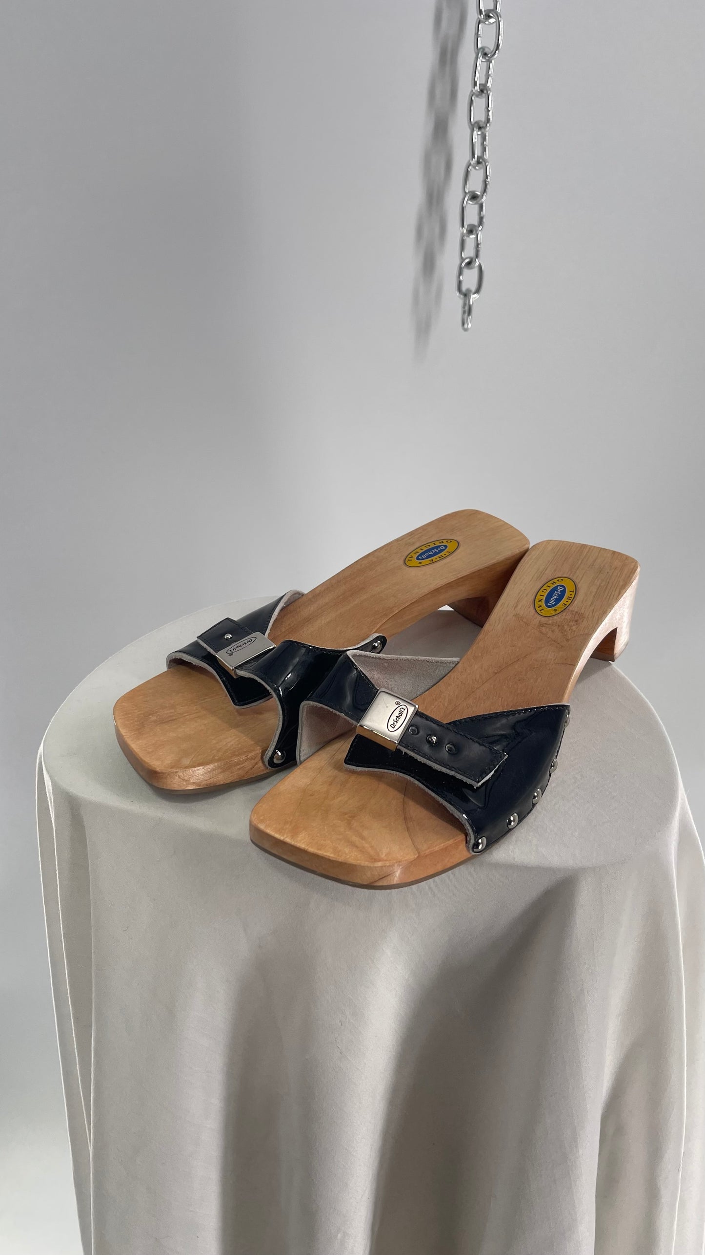 Vintage Dr.Scholls Black Studded Wooden Clog Sandal (8)