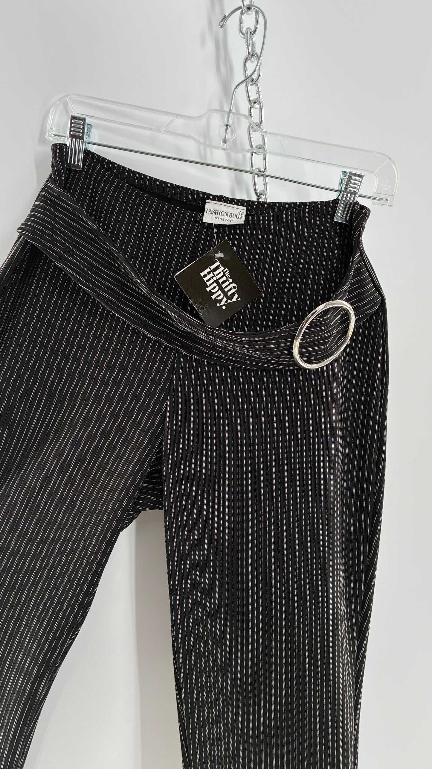 Vintage FASHION BUG Low Rise Black Striped Kick Flares with Silver Buckle Belt 1990s (6)