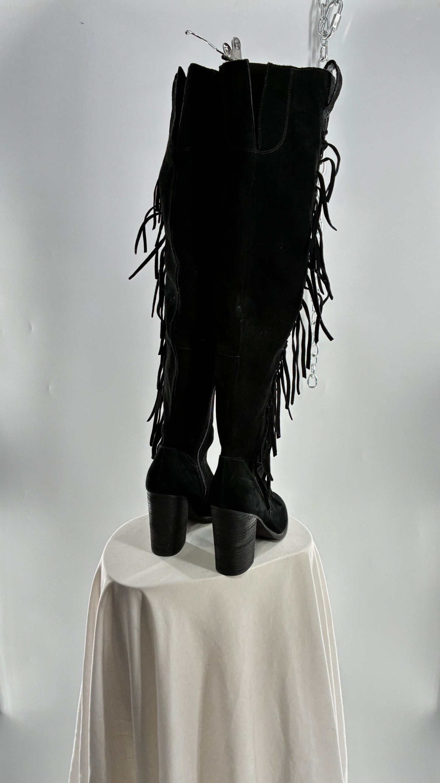 Vintage CARLOS SANTANA Genuine Suede Leather Thigh High Tassel, Fringe Side Boots (7.5)