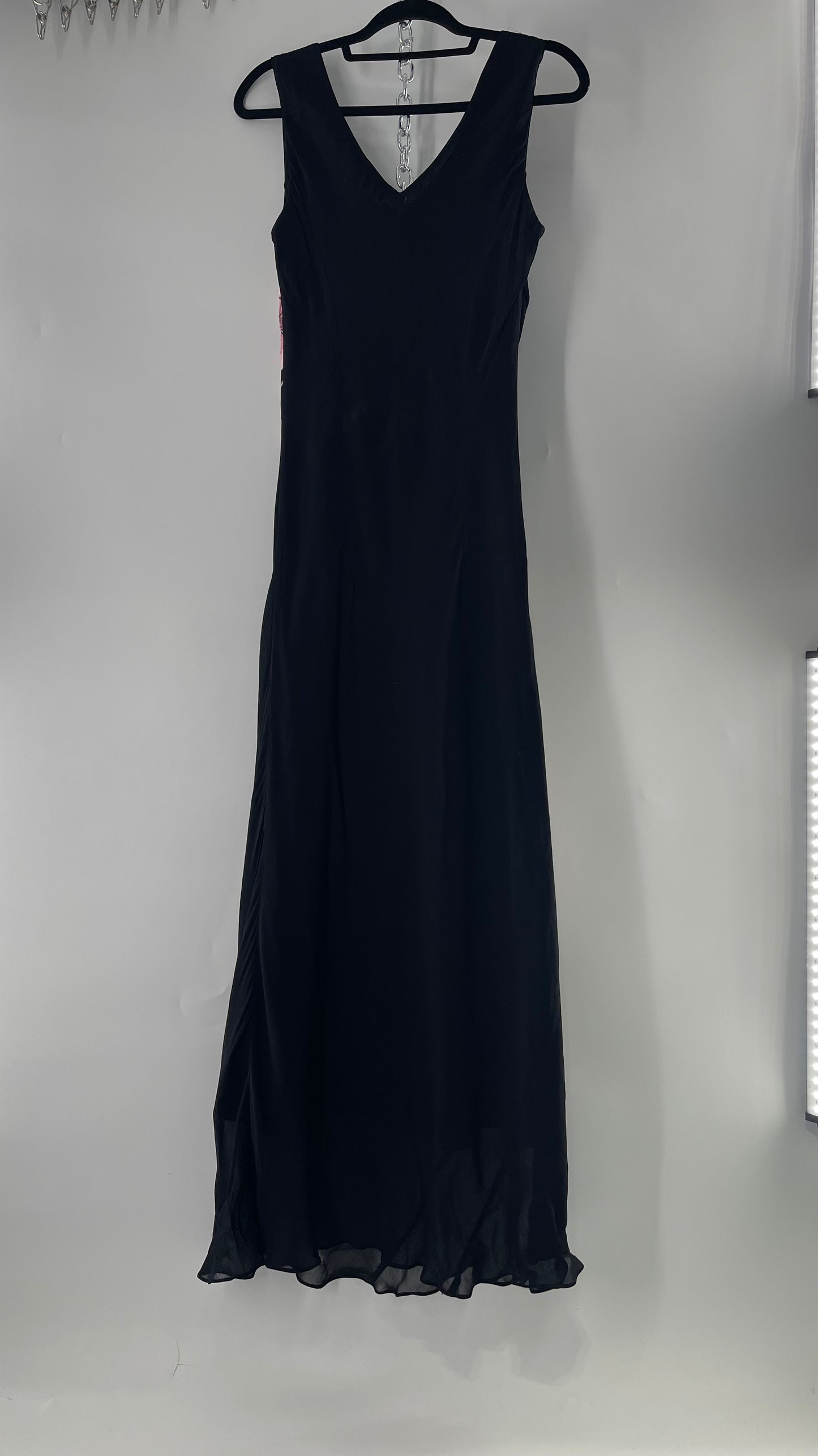 Vintage Dress Barn Black Slinky Maxi Dress with Pink Floral Graphic and Sequins (L)