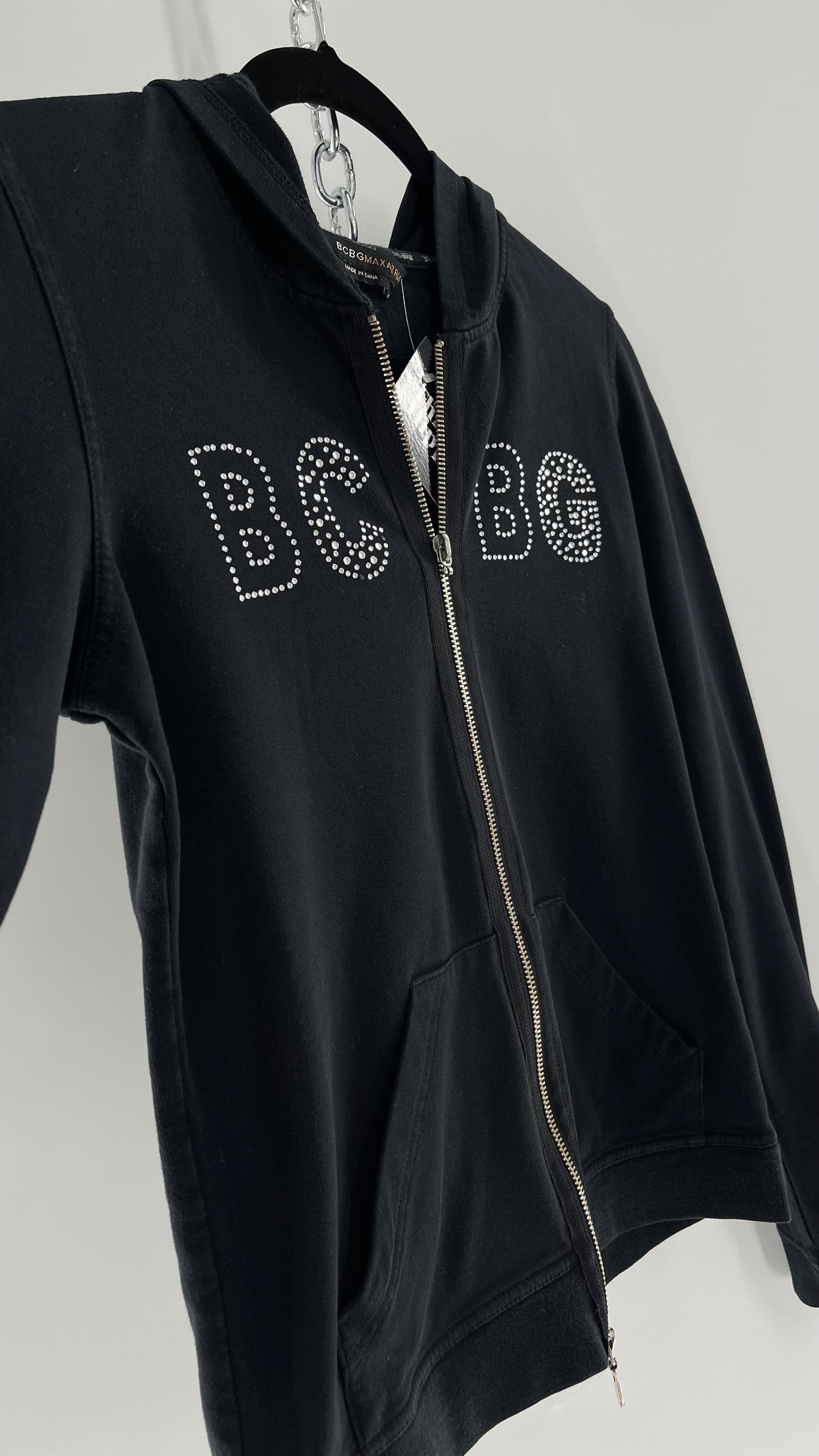 Vintage BCBG Rhinestone Logo Hoodie with Zip Up Studded Hood (Medium)
