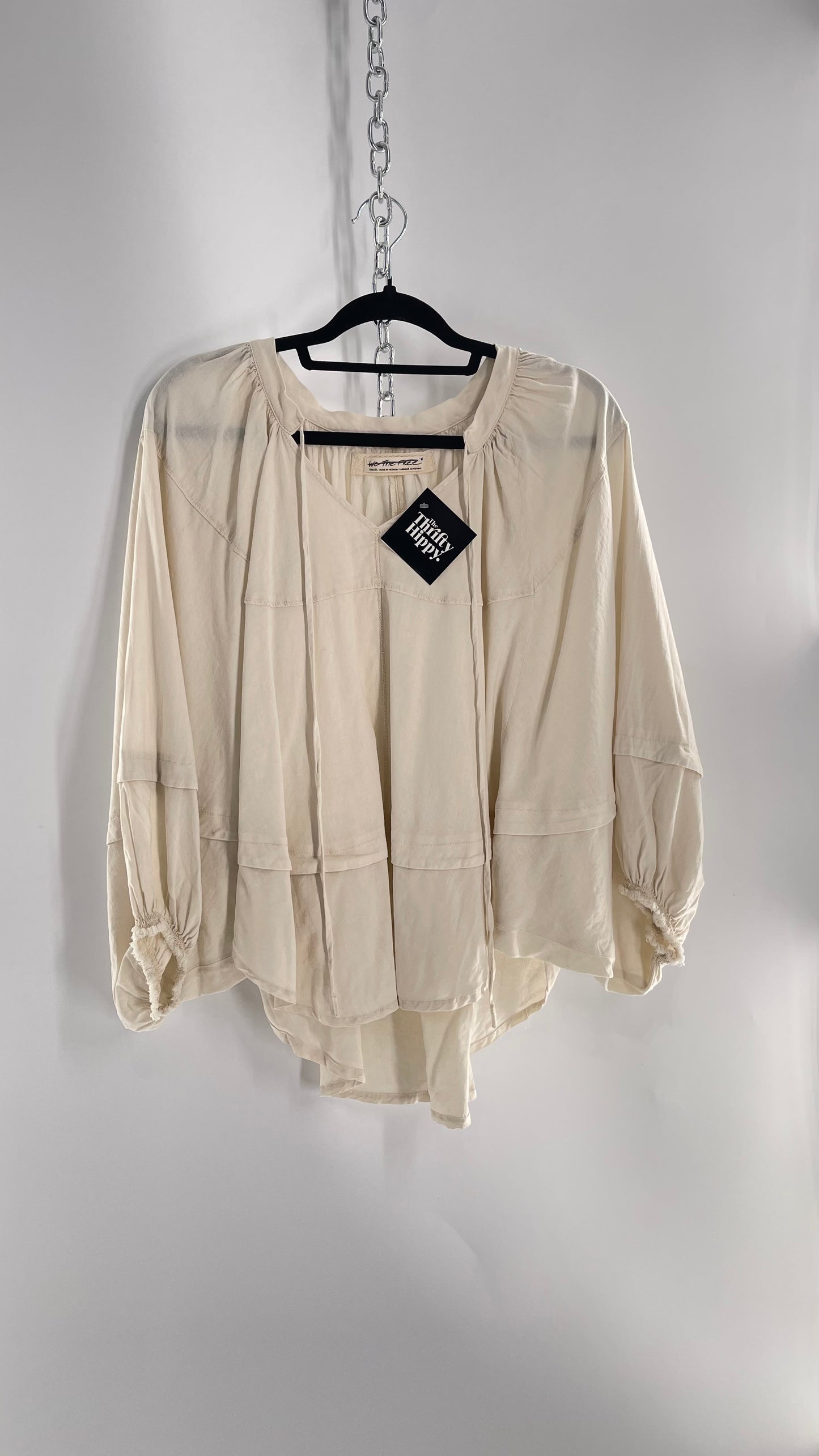 Free People Beige Off White Billow/ Prairie Sleeve Cape Blouse (Small)