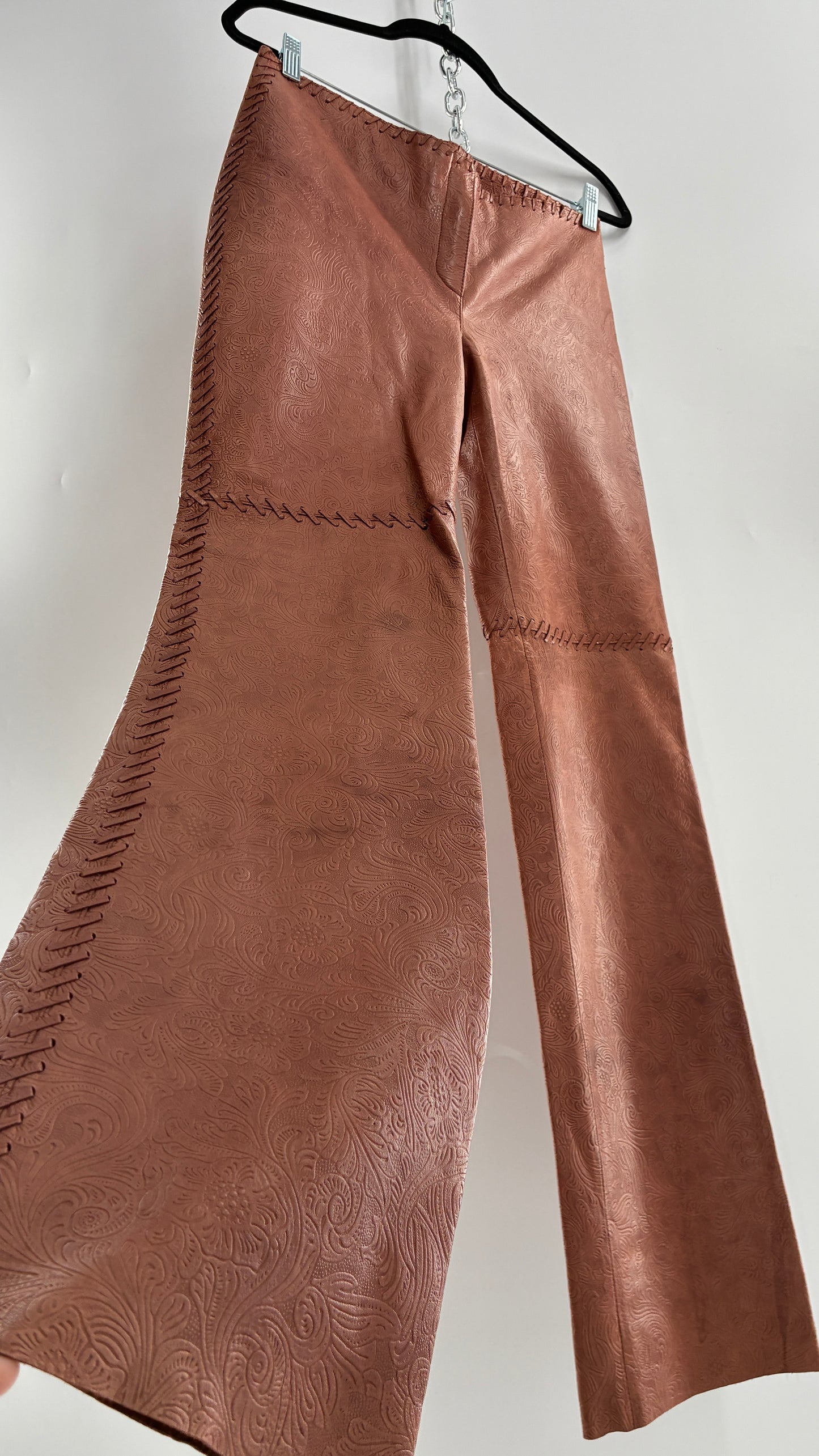 Vintage Embossed Paisley Patterned Genuine Leather Pants with Stitching Details (No Label Unbranded, S)