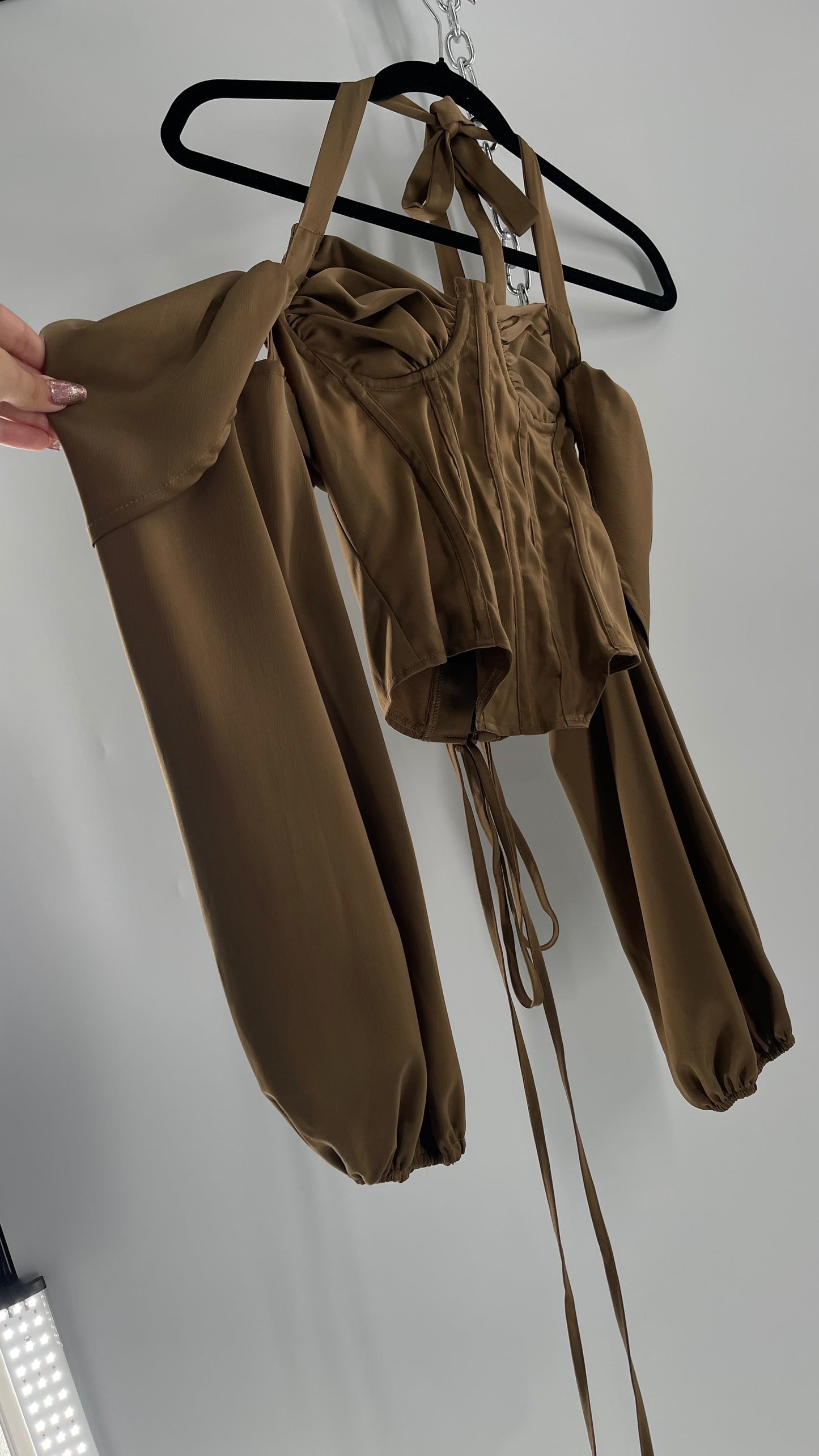 Pretty Little Thing Tan/Gold Corset Blouse with Draped Shoulders, Balloon Sleeves, Halter Strap and Lace Up Back (4)