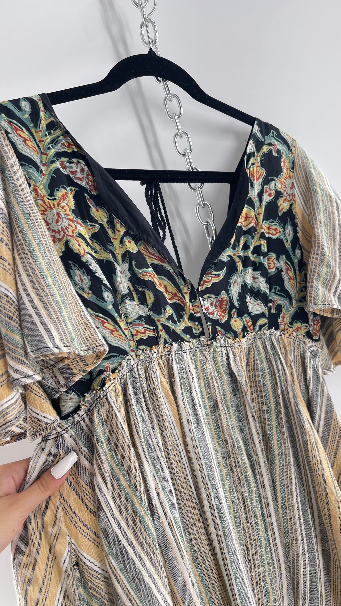 Free People Dual Fabric Floral/Woven Boho Babydoll Mini Dress (XS)