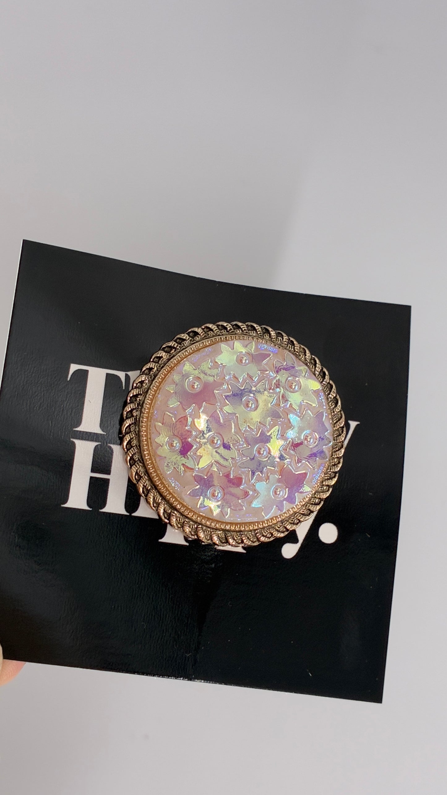 Vintage Scarf Ring Loop with Gold Metal Border and Iridescent Flowers
