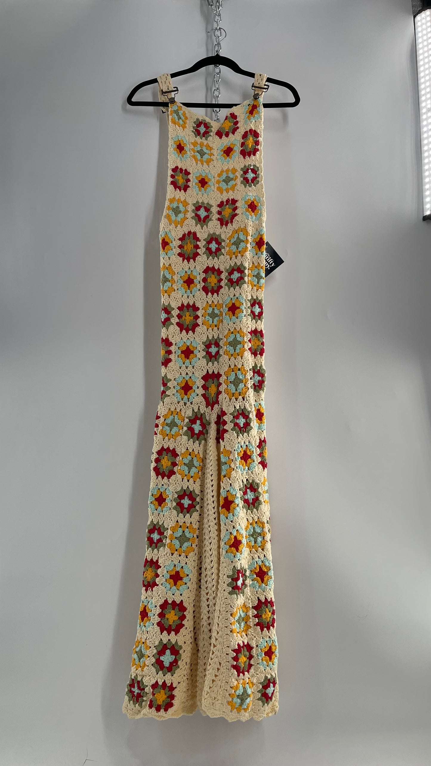 Free People Flook Beige Heavy Weight Crochet Granny Patchwork Overall Dress (Small)