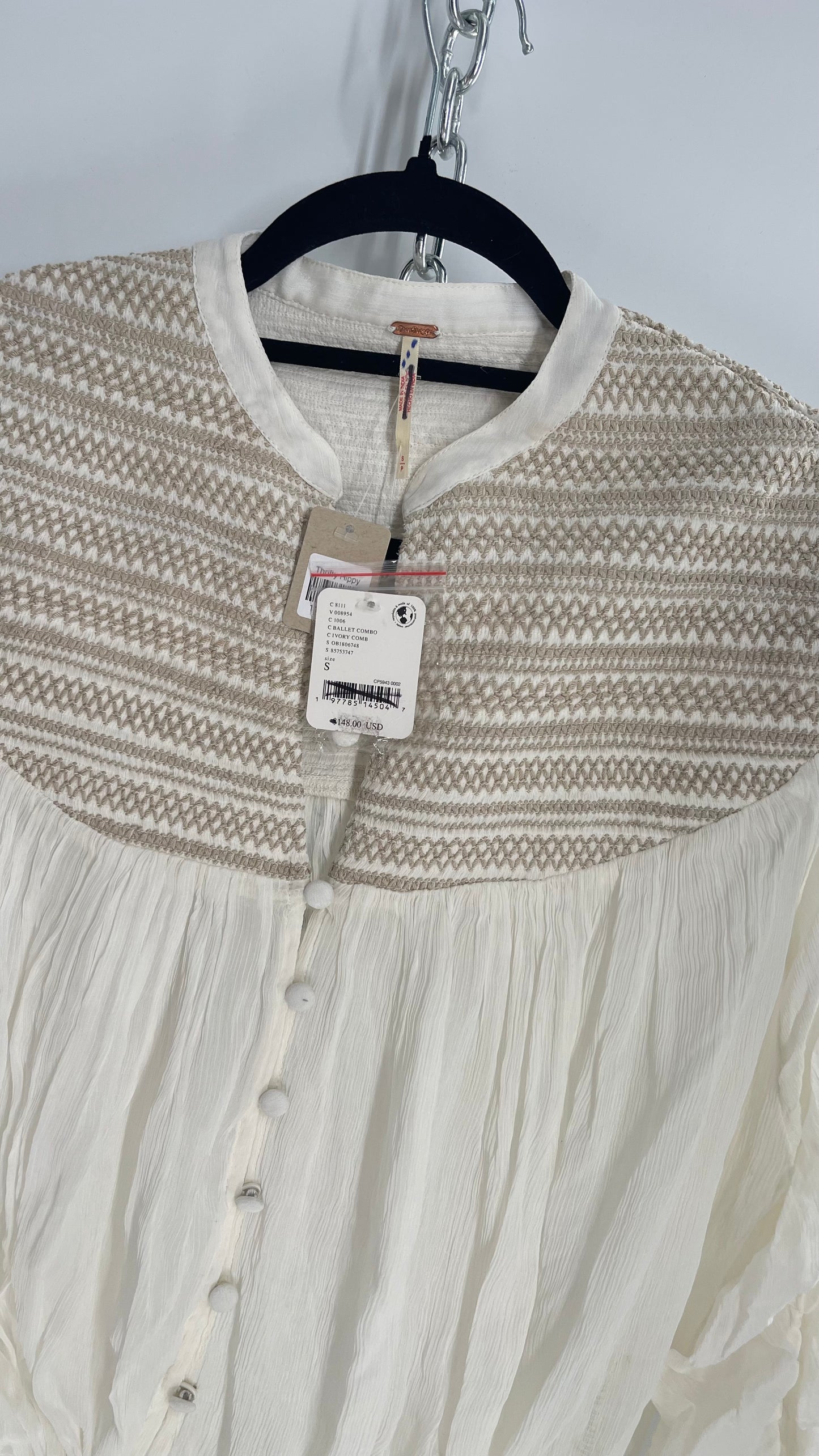 Free People Off White Draped Sleeve Button Front Embroidered Neckline Blouse with Tags Attached (Small)