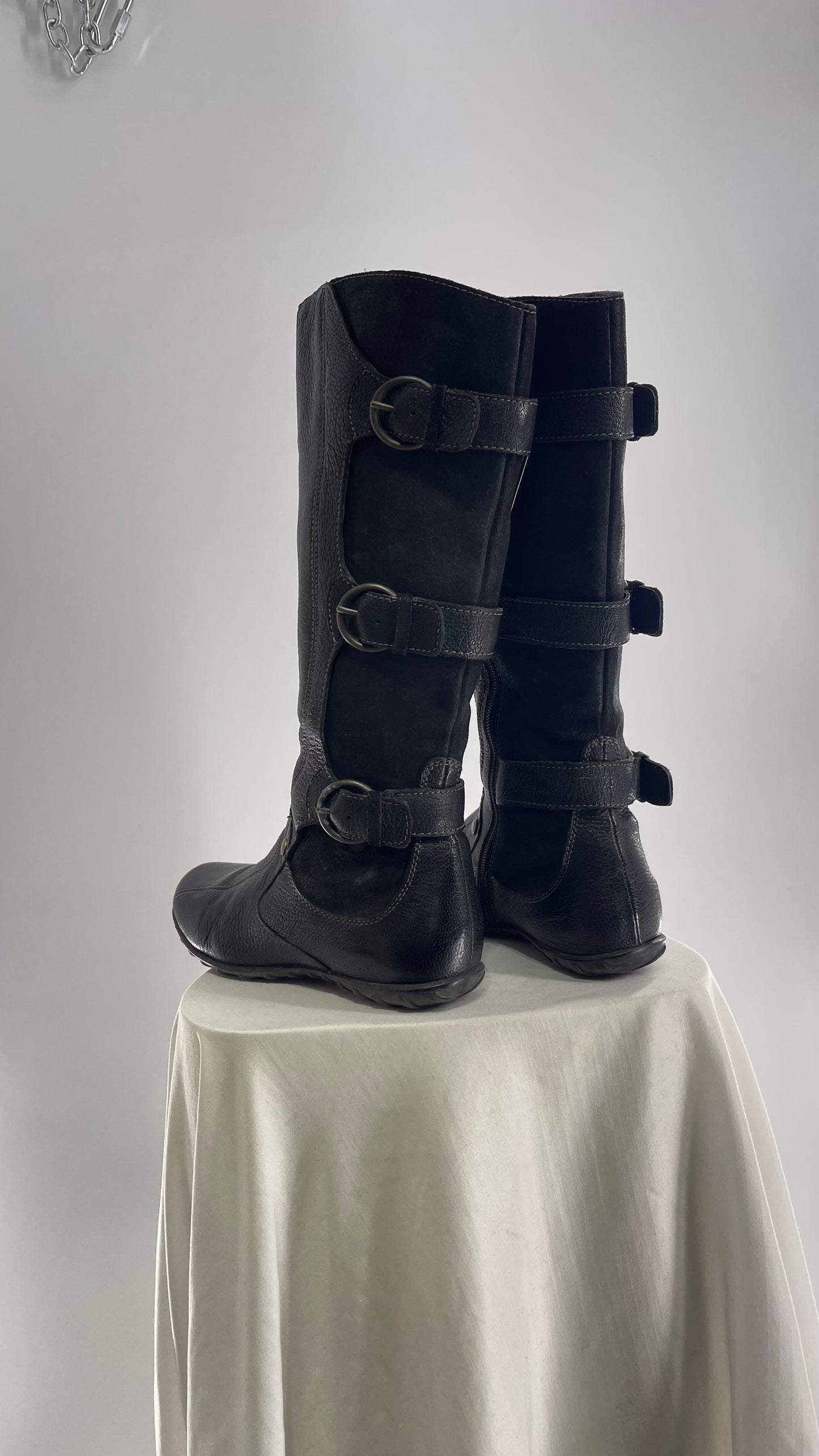 GEOX Black Leather Buckle Knee High Boots