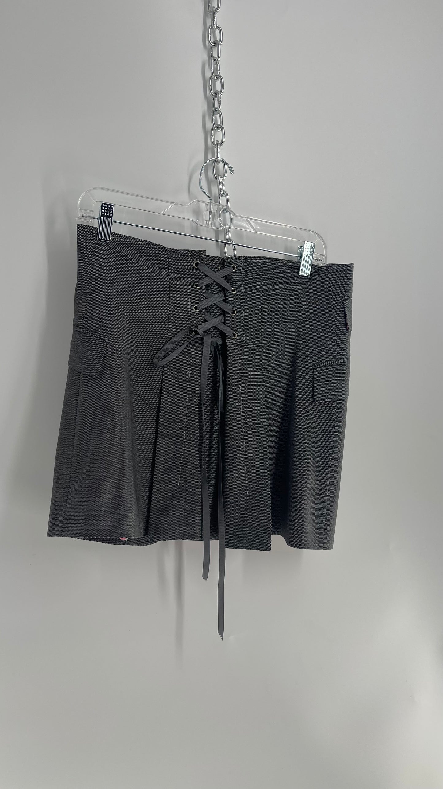 Custom Handmade Gray 2Piece Suit Set with Pink Satin Lining, Cropped Blazer, and Corseted Skirt (S-L)