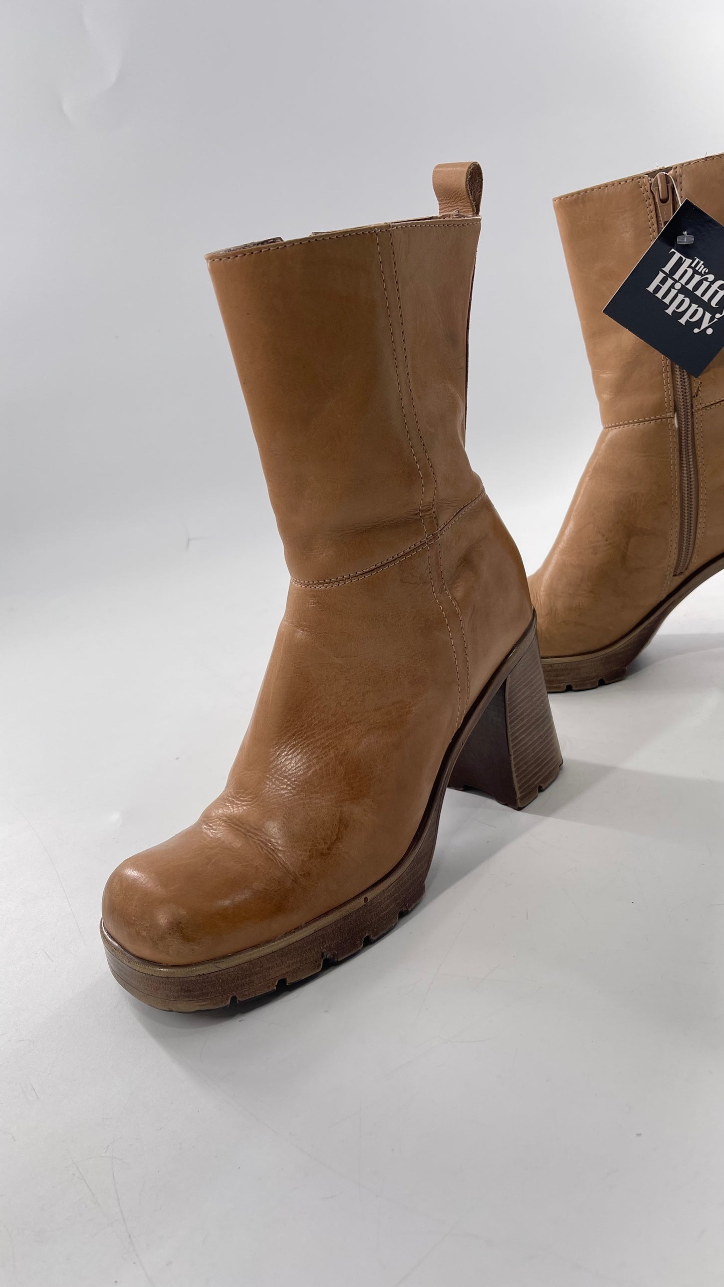 Vintage 90s Steve Madden Tan Leather Funky Square Toe Boot with Platform and Chunky Heel
