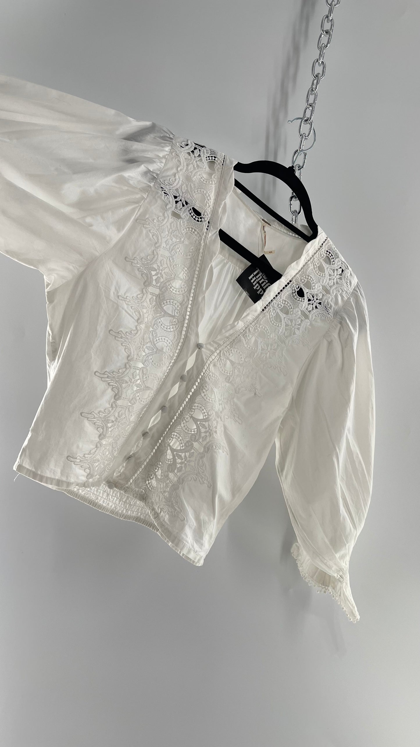 Free People White Puff Sleeve Prairie Blouse with Lace Details (Small)