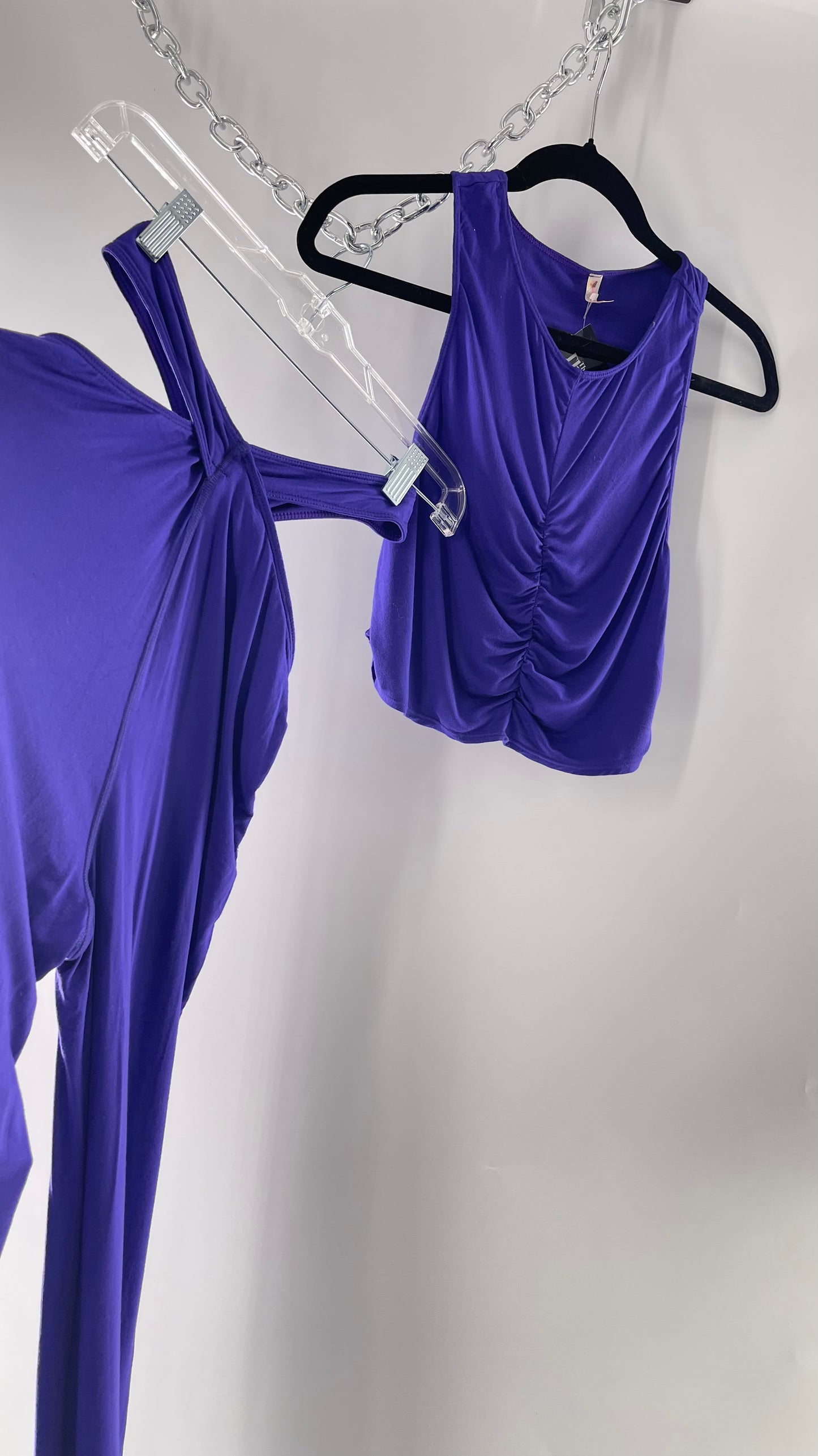 Free People 2 Piece Cobalt Purple Ruched Tank+ Cut Out Hip Strap Detail Flared Bottoms Set (Small)