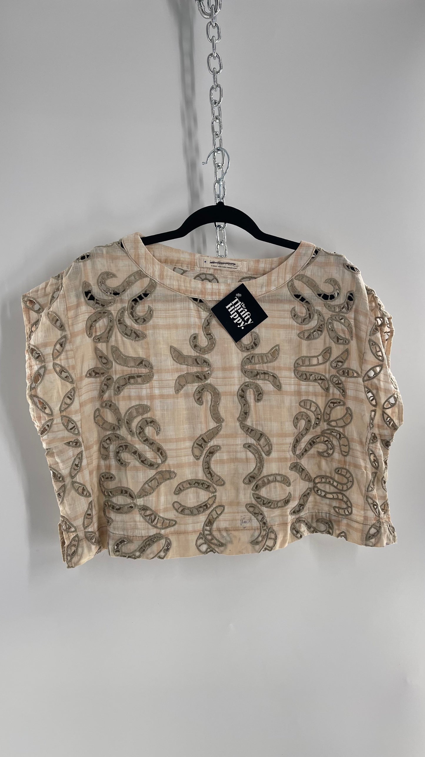 Free People 100% Cotton Plaid Blouse with Tan Embroidered Eyelet Lace Cut Outs (XS)