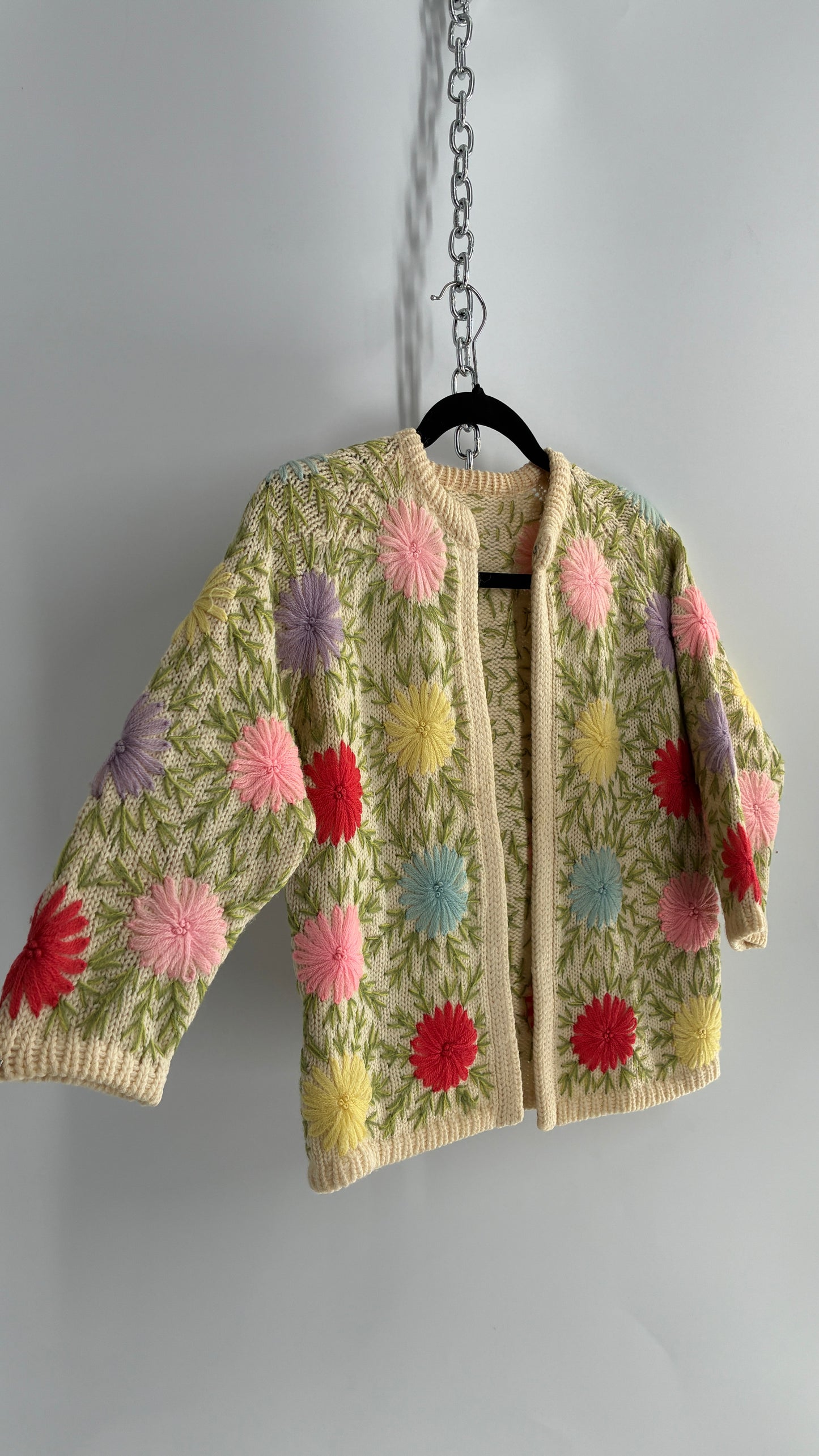 Vintage Hand Knit Beige Cardigan with Colorful Flowers (Small)