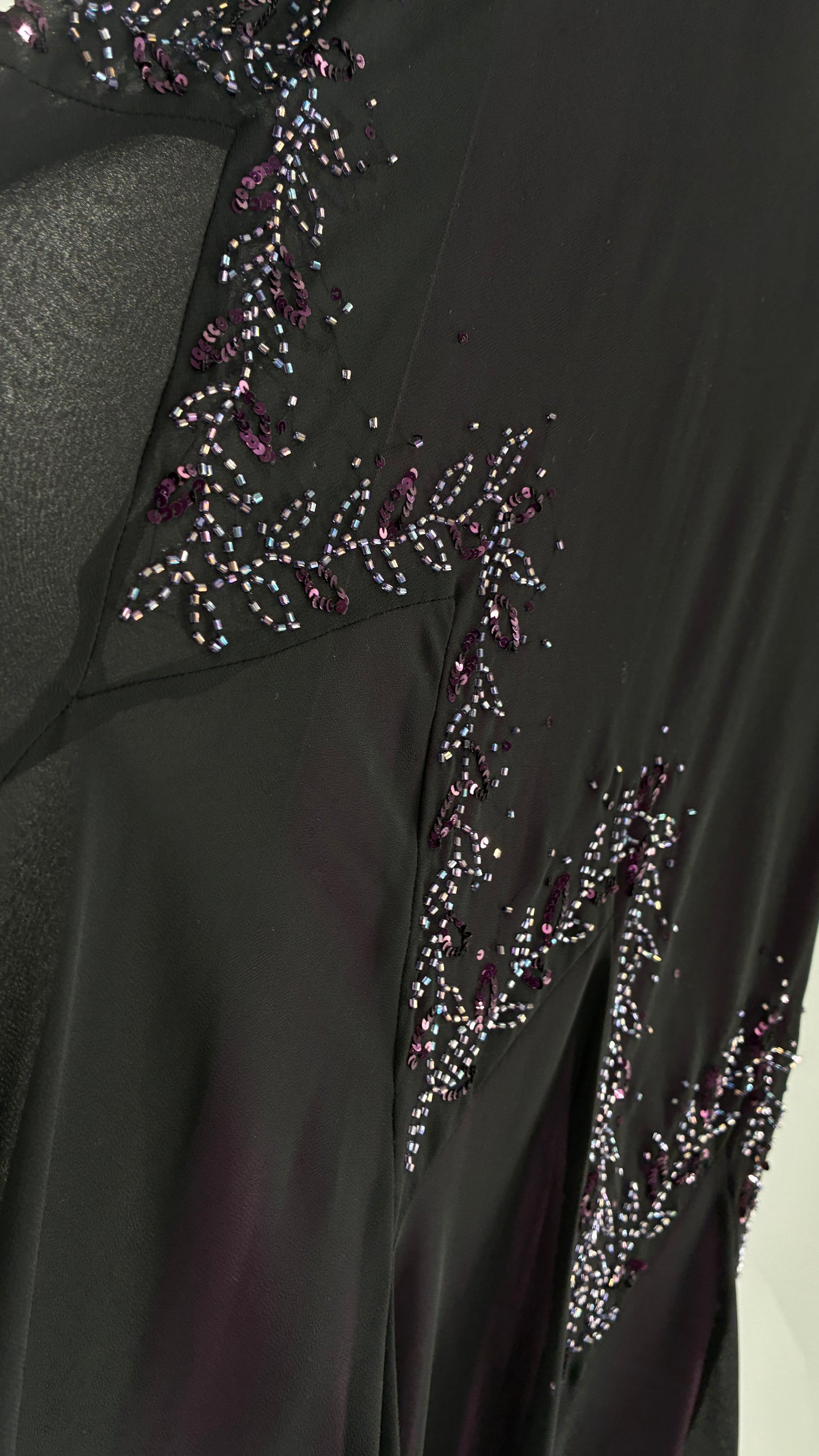Vintage XSCAPE Full Length Black Beaded Gown with Purple Underlay (4)