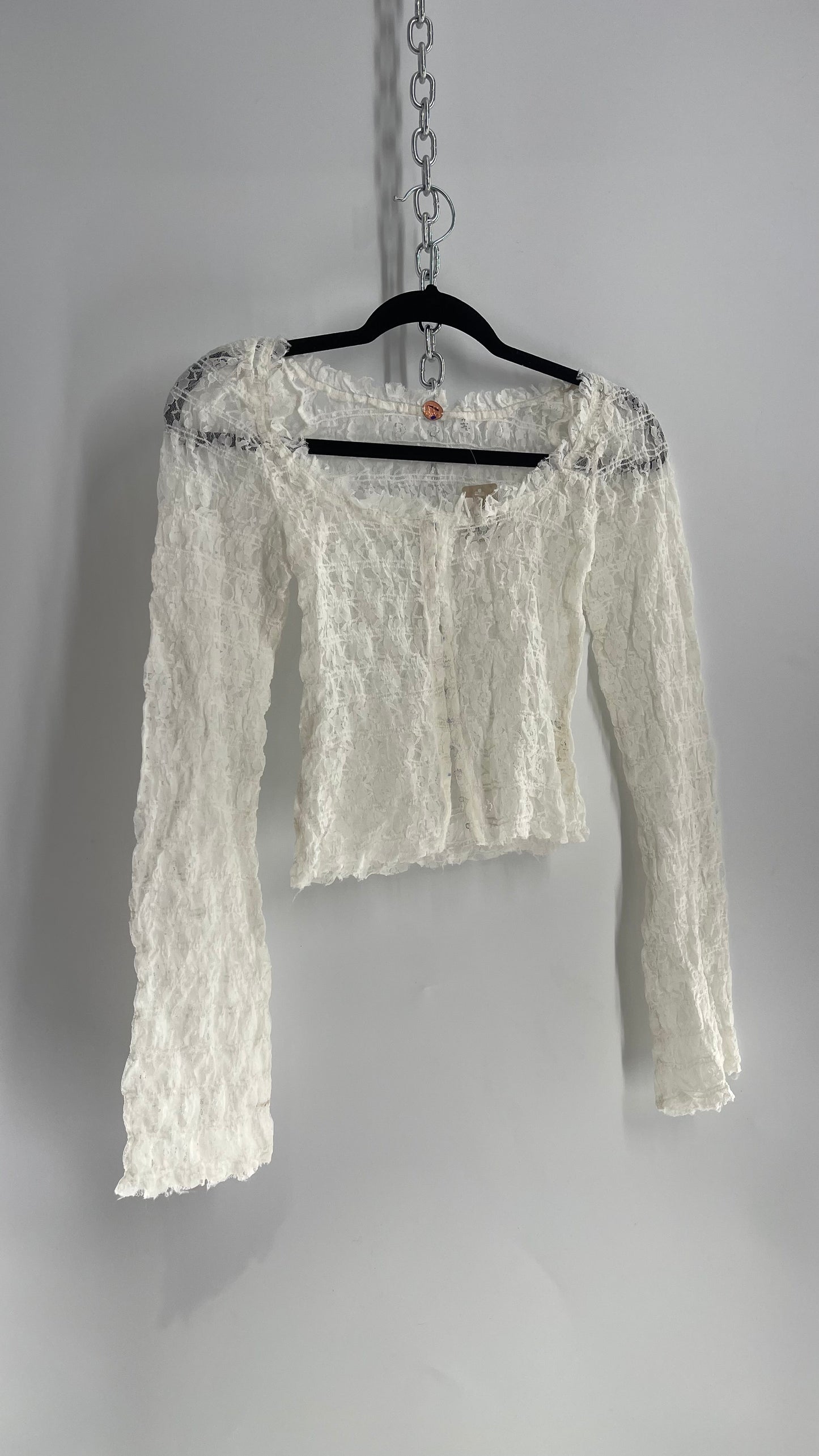 Free People White Smocked Lace Long Sleeve with Eyelet Closure (Small)