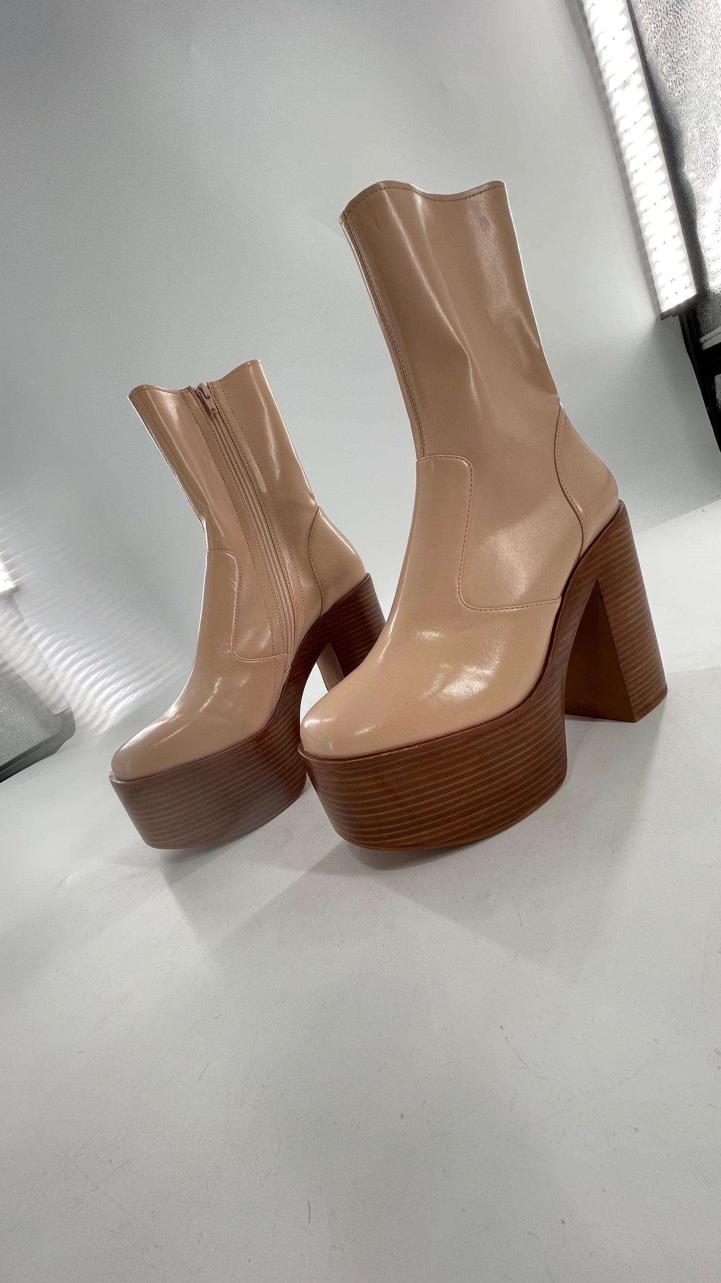 Free People X Jeffrey Campbell Mexique GoGo Boots • Beige Patent Boot with Wood Grain Chunky Block Heel and Platform (9)
