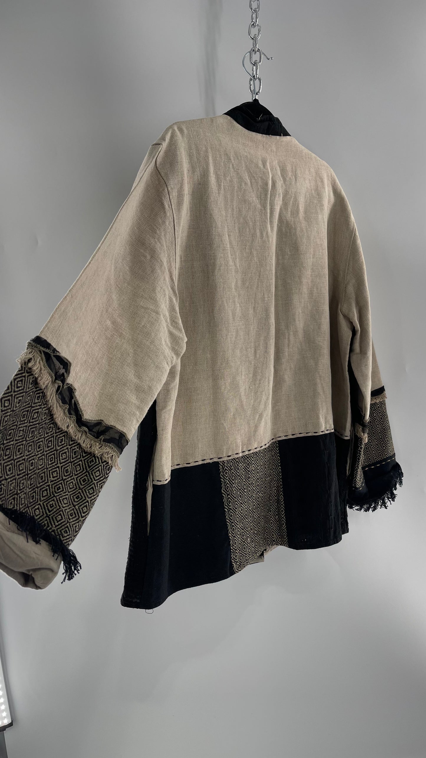 Deadstock Vintage Flashback Patchwork Coat with Mixed Neutral Fabrics, Embroidery and Fringe Details (Large)