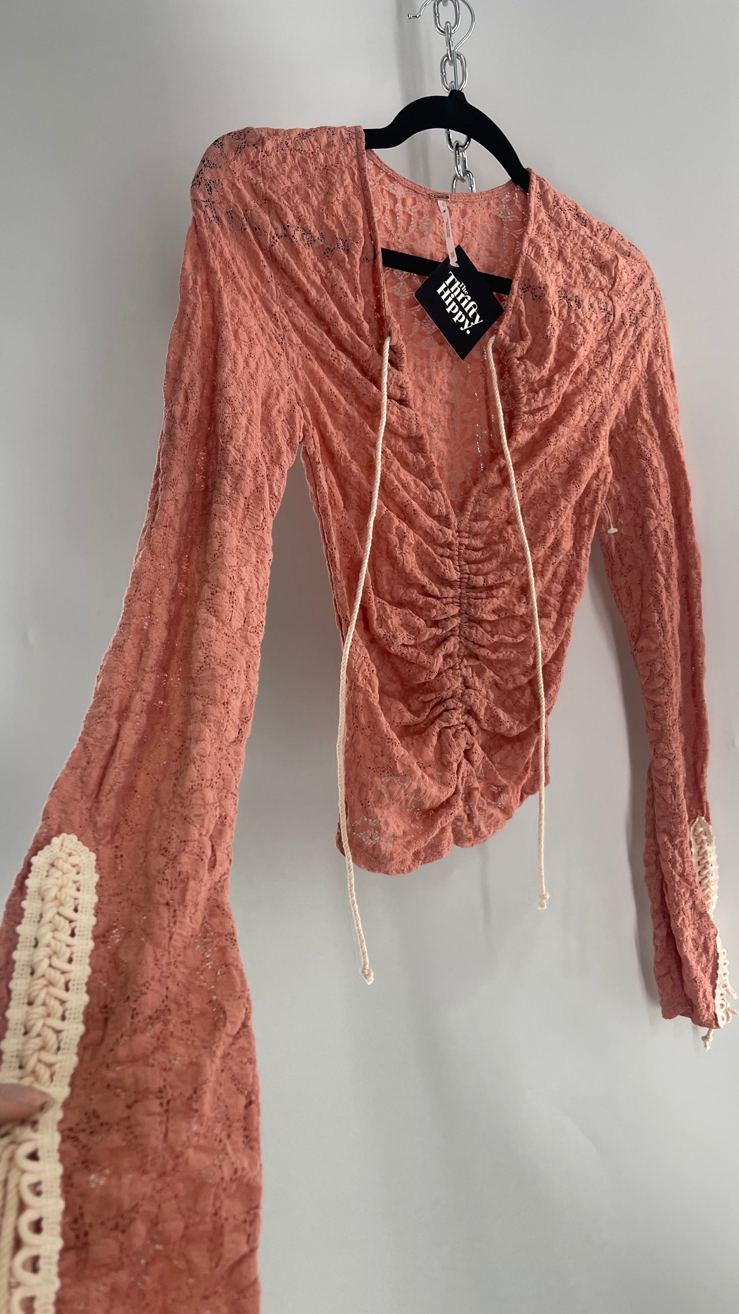 Free People Pink Lace Long Sleeve with Beige Lace Up Sleeve Detail (XS)