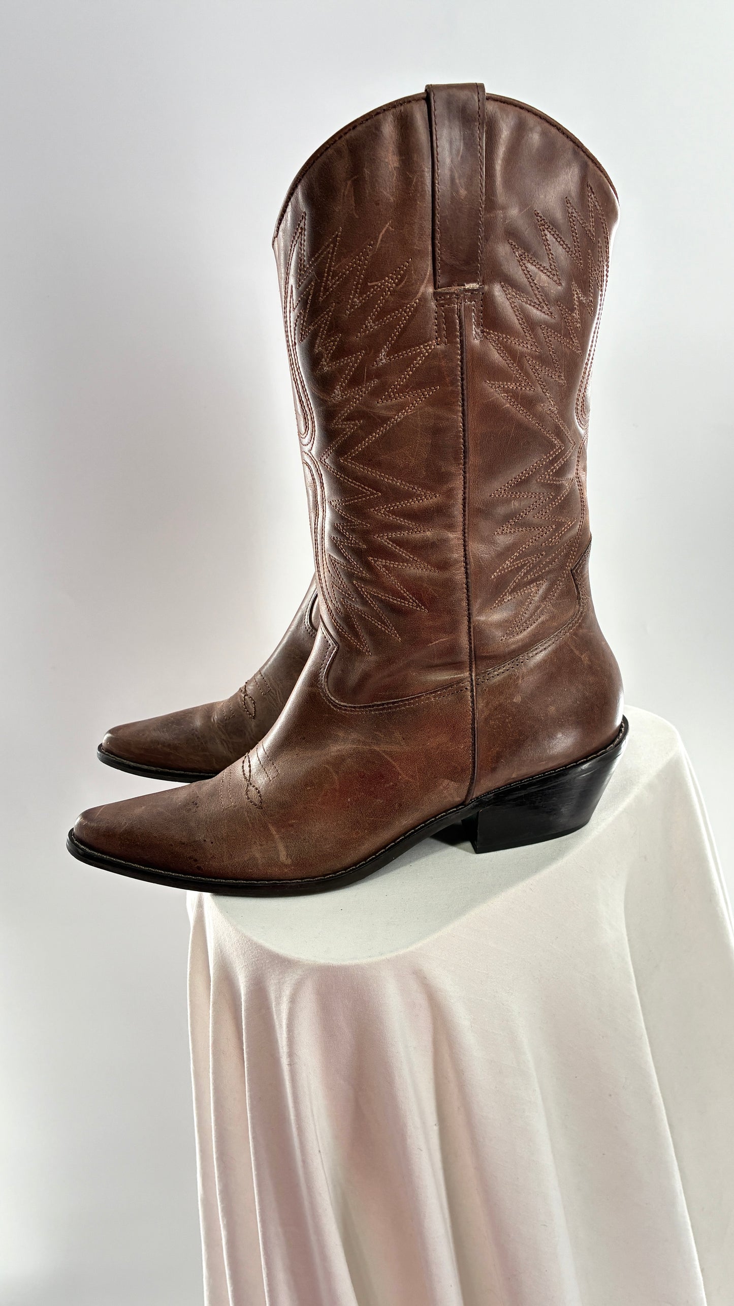 Vintage Genuine Leather Brown Cowboy Boots Made in Brazil (9.5)