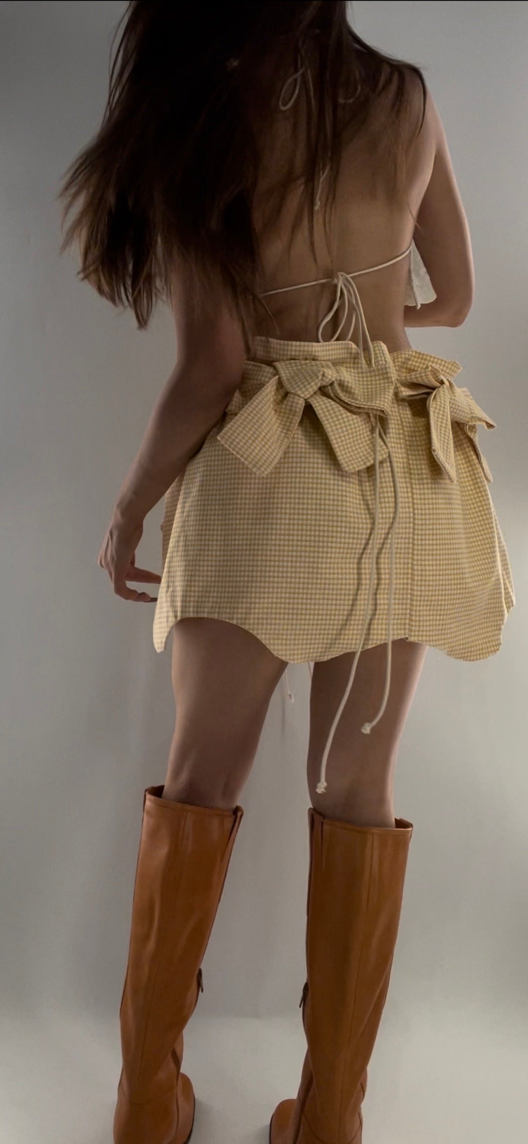 Handmade Vintage Yellow Gingham Skirt with Oversized Bows, and Soft Sloped Hem (One Size)