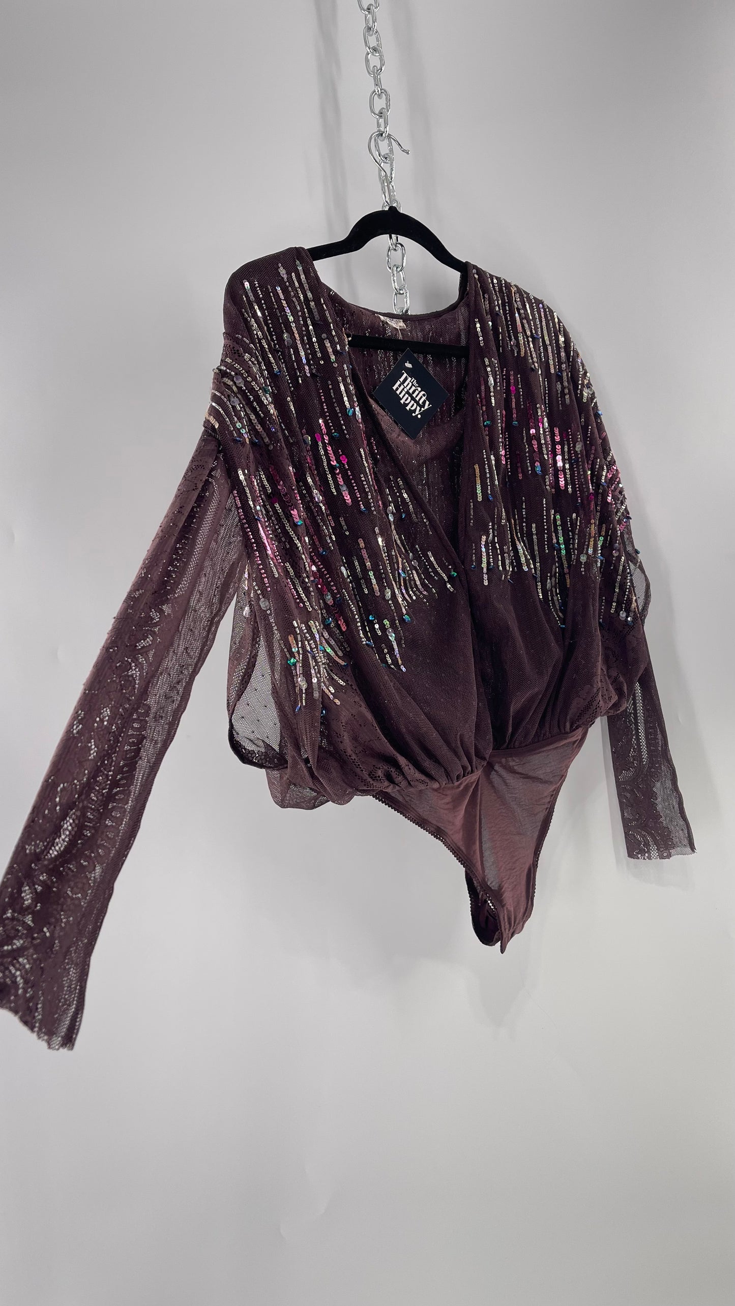 Intimately Free People Plum Mesh Bodysuit with Lace Sleeves and Beaded/Sequined/Embellished Body (Medium)