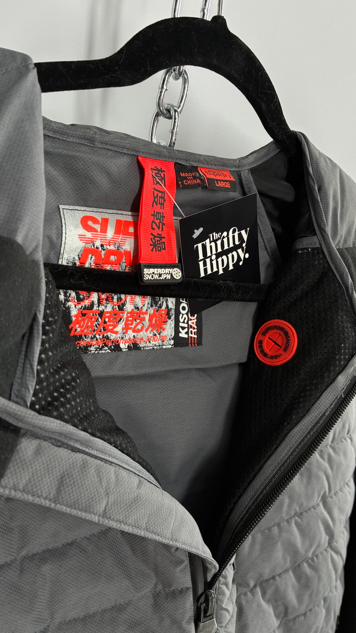 Super Dry Black and Grey Puffer Winter Jacket (Large)
