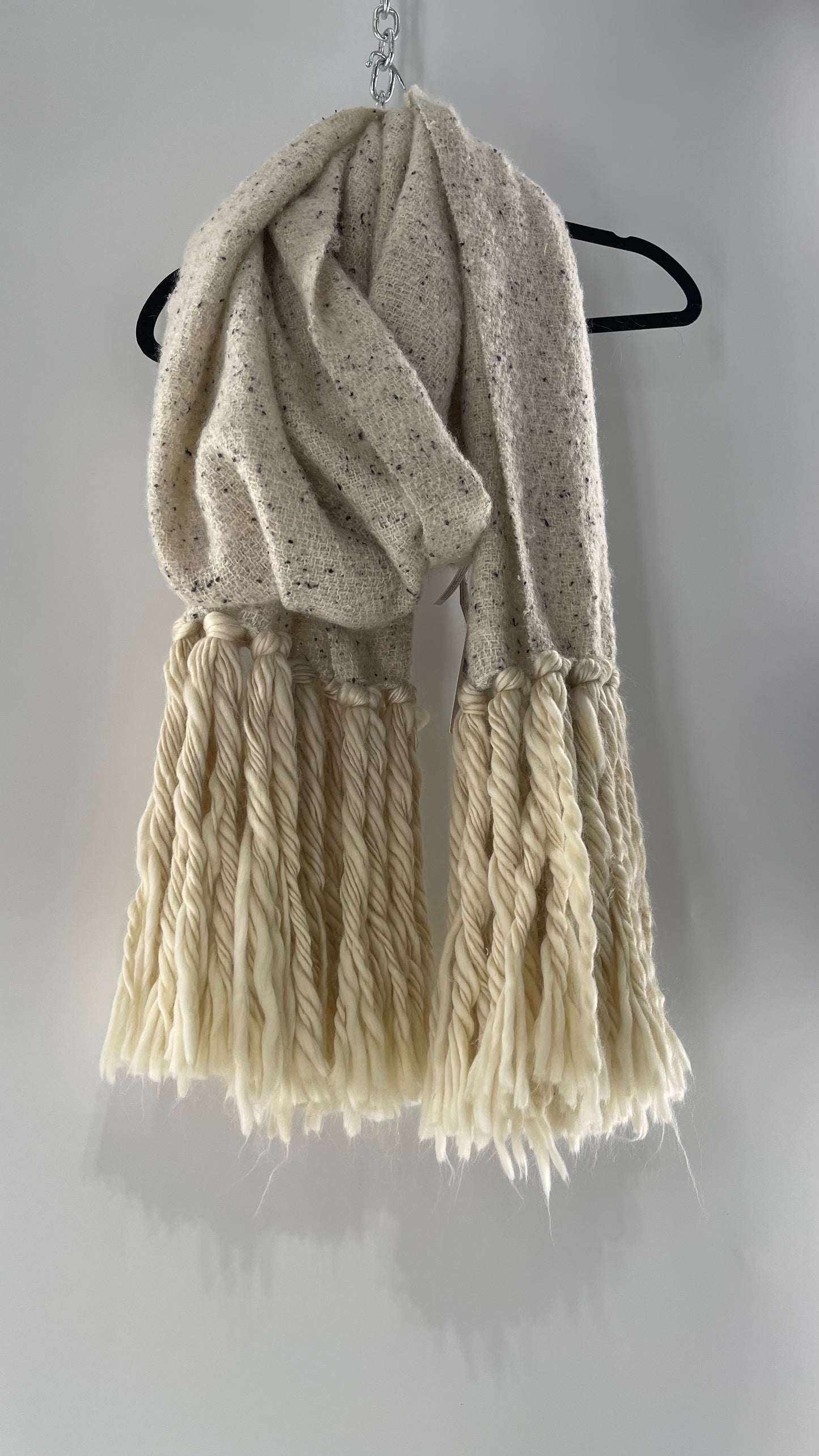 Anthropologie White/Off White Heavy Knit Cold Weather Scarf with Braided Fringe with Tags Attached (One Size)