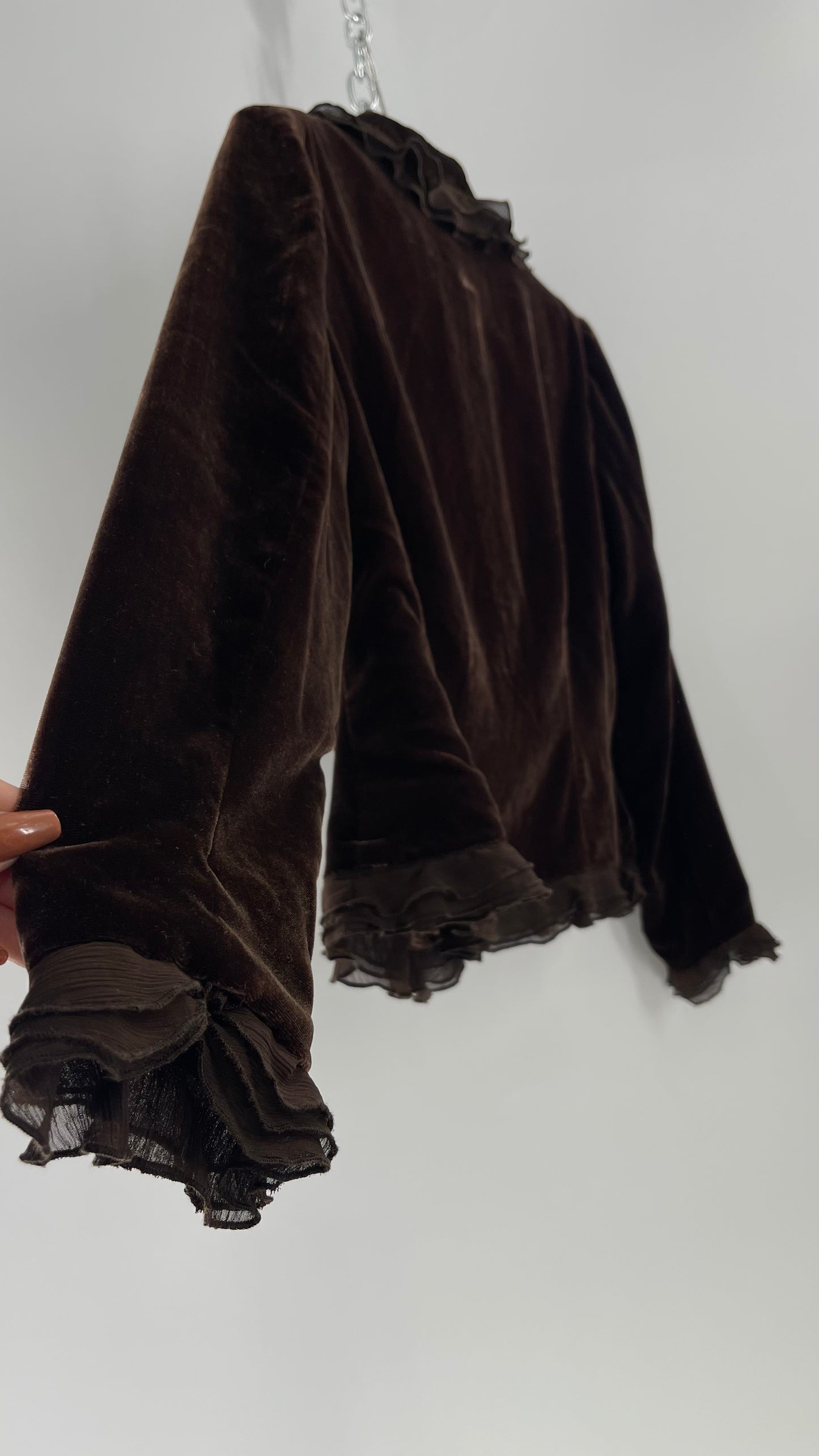 Deadstock Vintage Brown Velvet Anne Carson Blazer with Delicate Crepe Ruffled Hem and Bow Pockets (Medium)