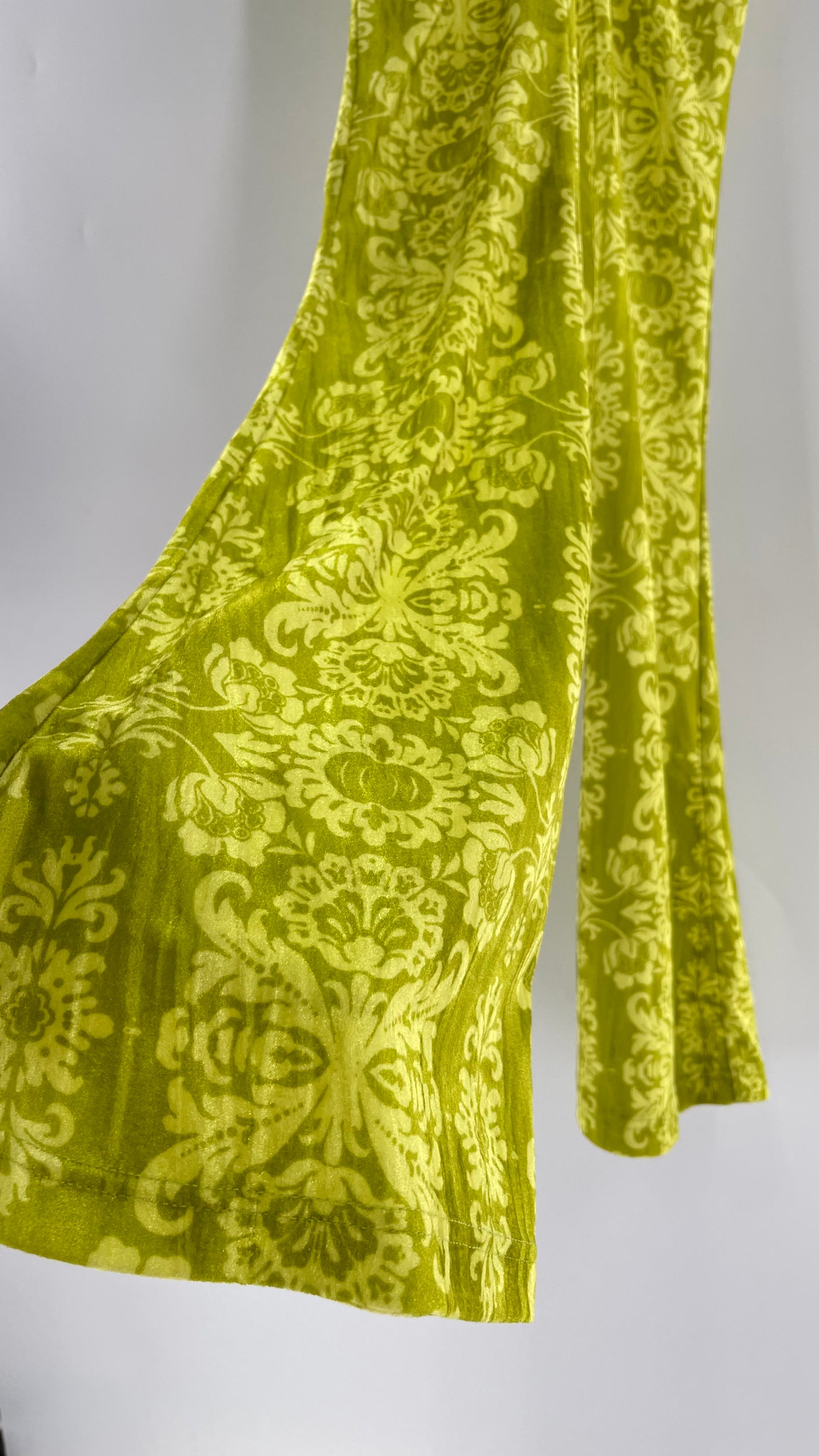 Urban Outfitters Chartreuse Green/Yellow Velvet Lace Patterned Flares with Scrunch Front  (XS)