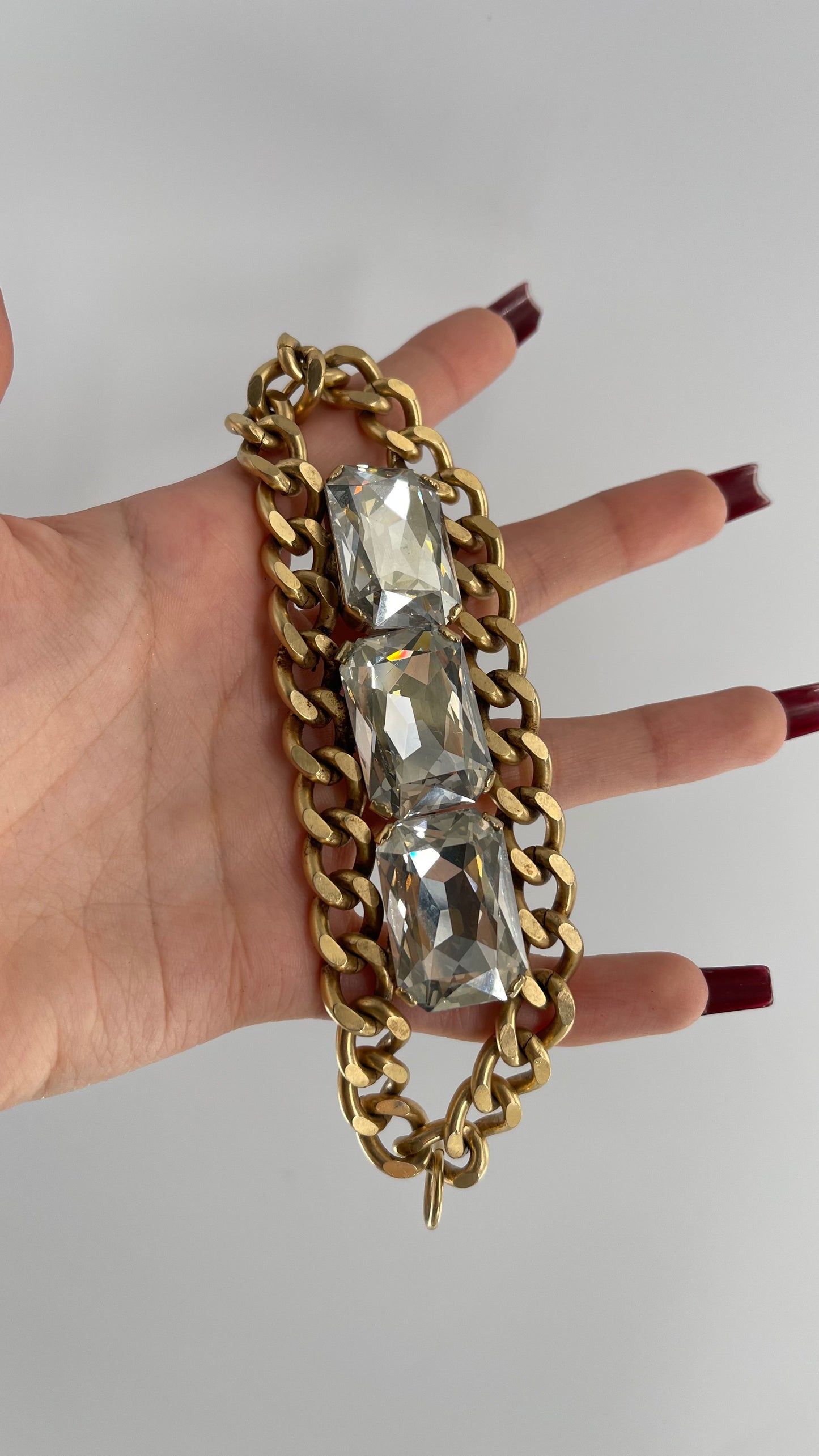 Anthropologie Gold Chain Bracelet with Oversized Rhinestone Gemstones